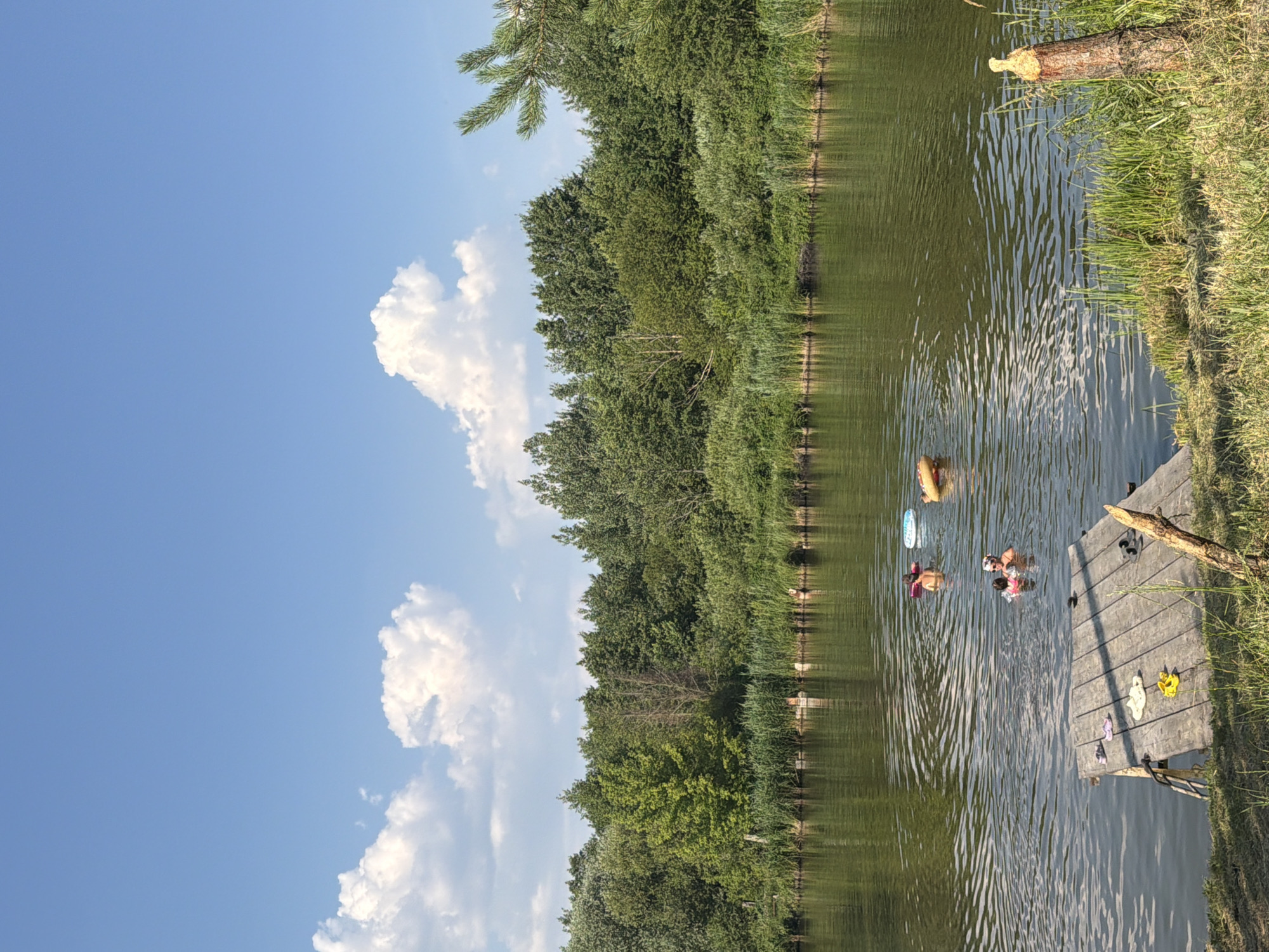 In Kamianka-Buzka, Ukraine, on a sunny day, several people are enjoying a swim in a calm body of water. The water is bordered by lush green trees and reeds. In the foreground, a wooden dock lies on the grassy bank, with several pairs of flip-flops scattered on its surface. In the water, two adults are visible, one appears to be holding a child. Two inflatable rings, one orange and one white, are also floating in the water, suggesting recreational activity. The sky above is a clear blue, dotted with fluffy white clouds.