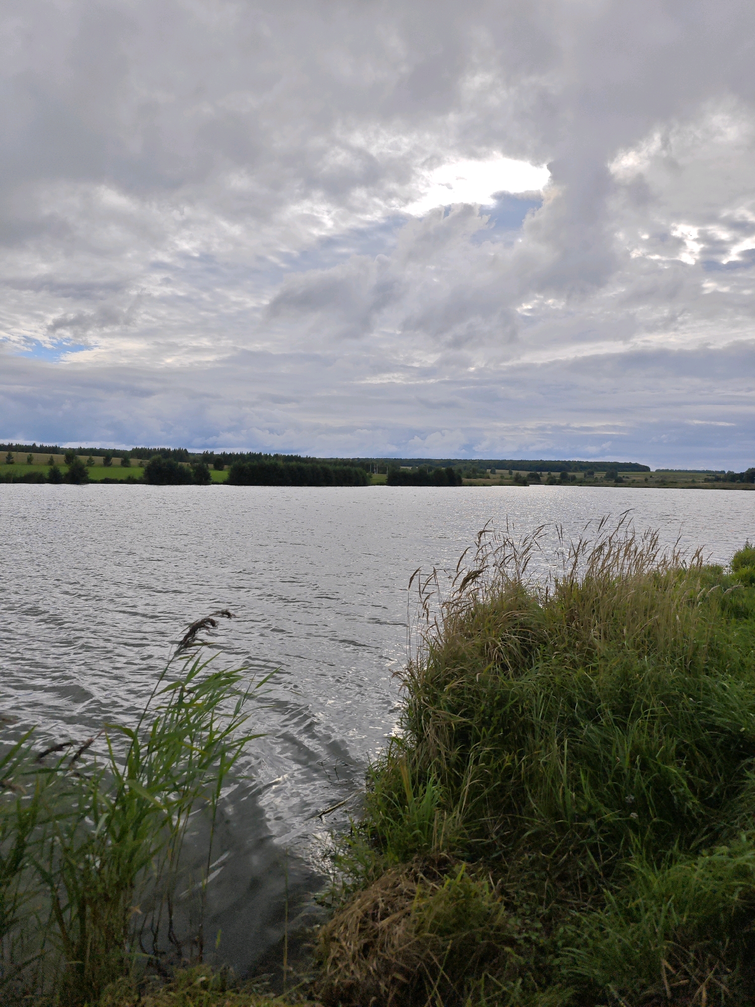 A wide, gray, choppy lake dominates the foreground and middle ground of this outdoor, full shot. The lake is surrounded by lush green grass and reeds. The far bank of the lake is lined with trees and rolling fields. The sky is overcast with large, white clouds. The overall impression is one of a serene and natural landscape, possibly located in Tatarskii Yantyk, Russia, given the context.