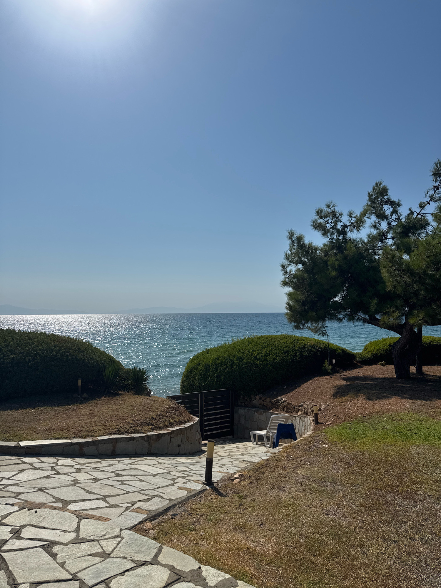 The image depicts a sunny day at a coastal location, likely Nea Moudania, Greece, as suggested. The foreground features a pathway constructed with irregularly shaped, light-colored stones. This pathway leads towards a gently sloping lawn area with dry, brown grass. To the left and slightly behind the pathway, a manicured, rounded hedge partially obscures the view.
In the middle ground, a dark metal gate is visible, set into a low stone wall. Adjacent to the gate, a white plastic lounge chair is positioned, with a dark blue garment draped over it. Beyond the gate and to the right, a large pine tree with dark green foliage stands prominently. Its trunk is thick and textured. The ground beneath the tree is covered with dry grass and pine needles.
The background is dominated by the expansive, shimmering blue sea under a clear, bright blue sky. The sun's rays are reflecting intensely off the water's surface, creating a dazzling effect. The horizon is marked by a faint, distant landmass. The overall environment suggests a tranquil and scenic outdoor setting, possibly a private residence or a resort area near the beach.