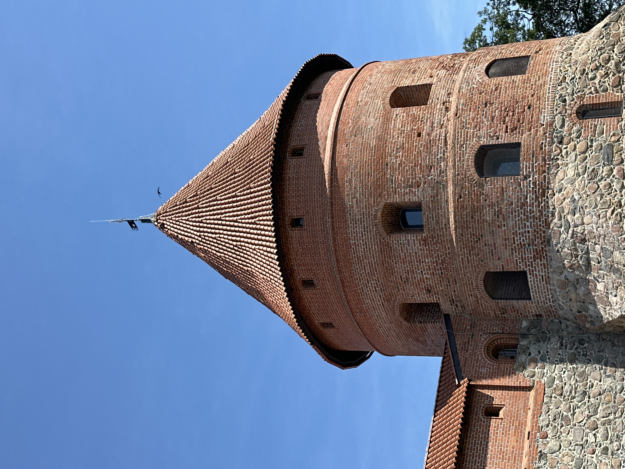 The image shows a close-up view of a circular red brick tower with a conical red tile roof, a prominent feature of Trakai Island Castle in Trakai, Lithuania. The tower has several arched windows with dark panes and is built on a base of large, rough stones. A smaller, attached brick building with a red tile roof and similar stone base is visible to the left. The sky is clear and blue, with a small black flag at the pinnacle of the tower and two birds flying in the distance. The overall scene depicts a historic defensive structure against a bright, sunny sky.