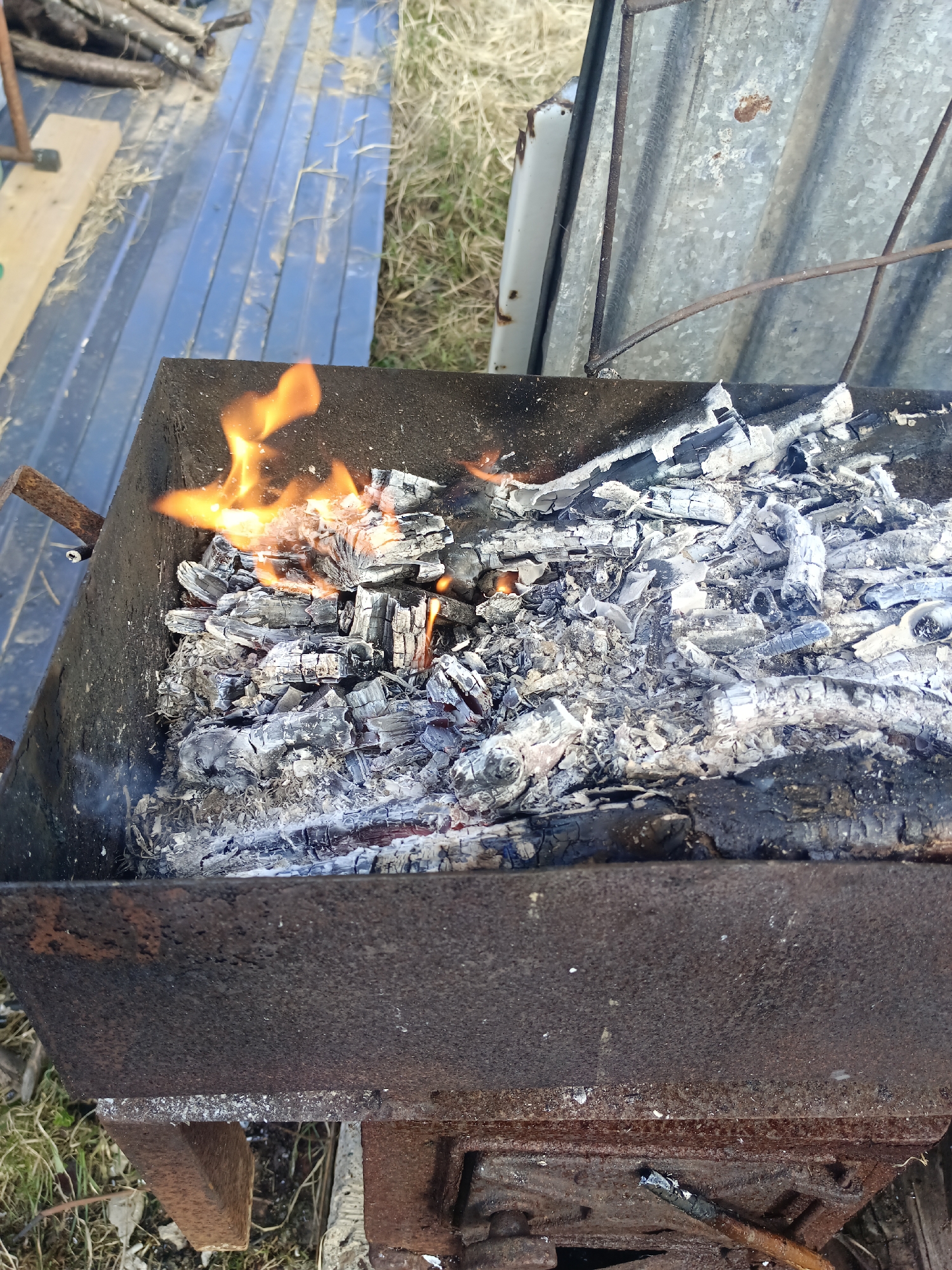 A close-up shot depicts a rusty metal brazier filled with partially burned wood and ash. Flames are visible in the upper left of the brazier. The brazier is located outdoors with grass and corrugated metal siding visible in the background. It is unclear if the image was taken in Вичелово, Russia.