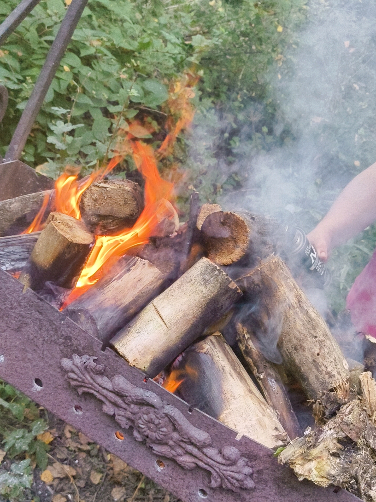 In the SNT Pravdist-1, Russia, a close-up shot captures a fire pit filled with burning logs. Flames, tinged with orange and yellow, engulf some of the wood. Smoke billows upwards, obscuring parts of the scene. A person's arm and shoulder are visible on the right side of the frame, holding a can, likely lighter fluid, which is spraying onto the fire. The fire pit itself is made of dark, weathered metal with decorative, embossed elements along its rim. The surrounding environment consists of green foliage and scattered leaves on the ground, suggesting an outdoor setting.