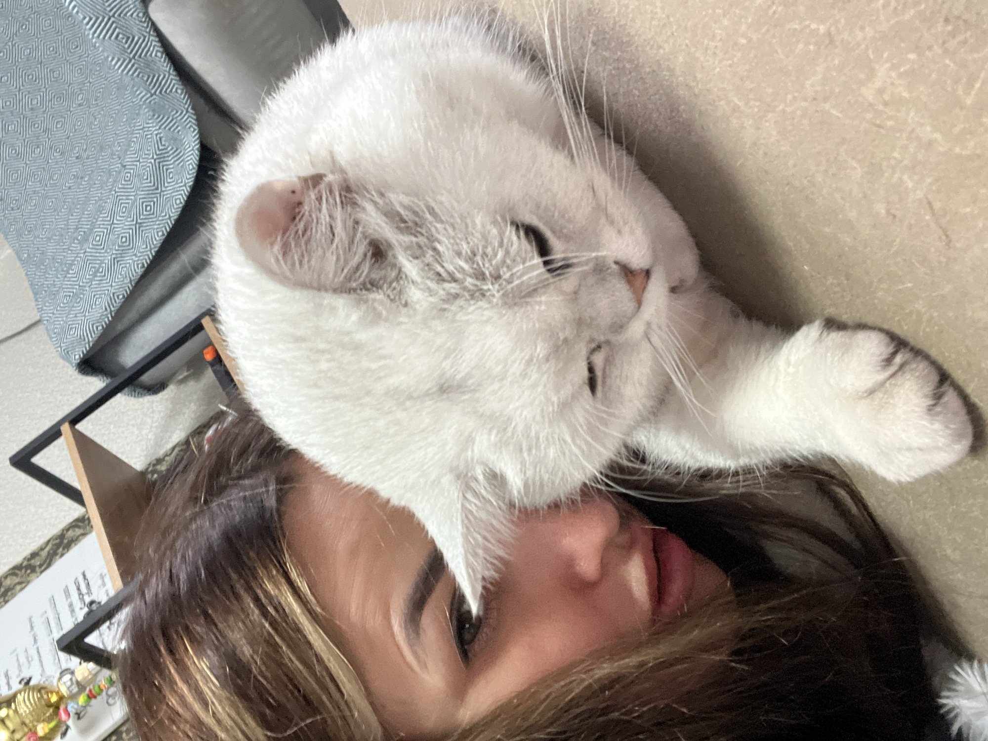 A close-up, selfie-style image shows a woman and a white cat. The woman's face is partially visible on the left side of the frame, with her right eye looking towards the camera and her mouth slightly open. Her brown hair with blonde highlights is also visible. The white cat is positioned on the right, with its head resting near the woman's face. The cat's eyes are partially closed, and its body extends out of the frame. They appear to be resting on a beige surface, possibly furniture. In the background, a shelf with some items and a patterned blue fabric are visible, suggesting an indoor setting. The overall lighting is soft and appears to be from an artificial source.