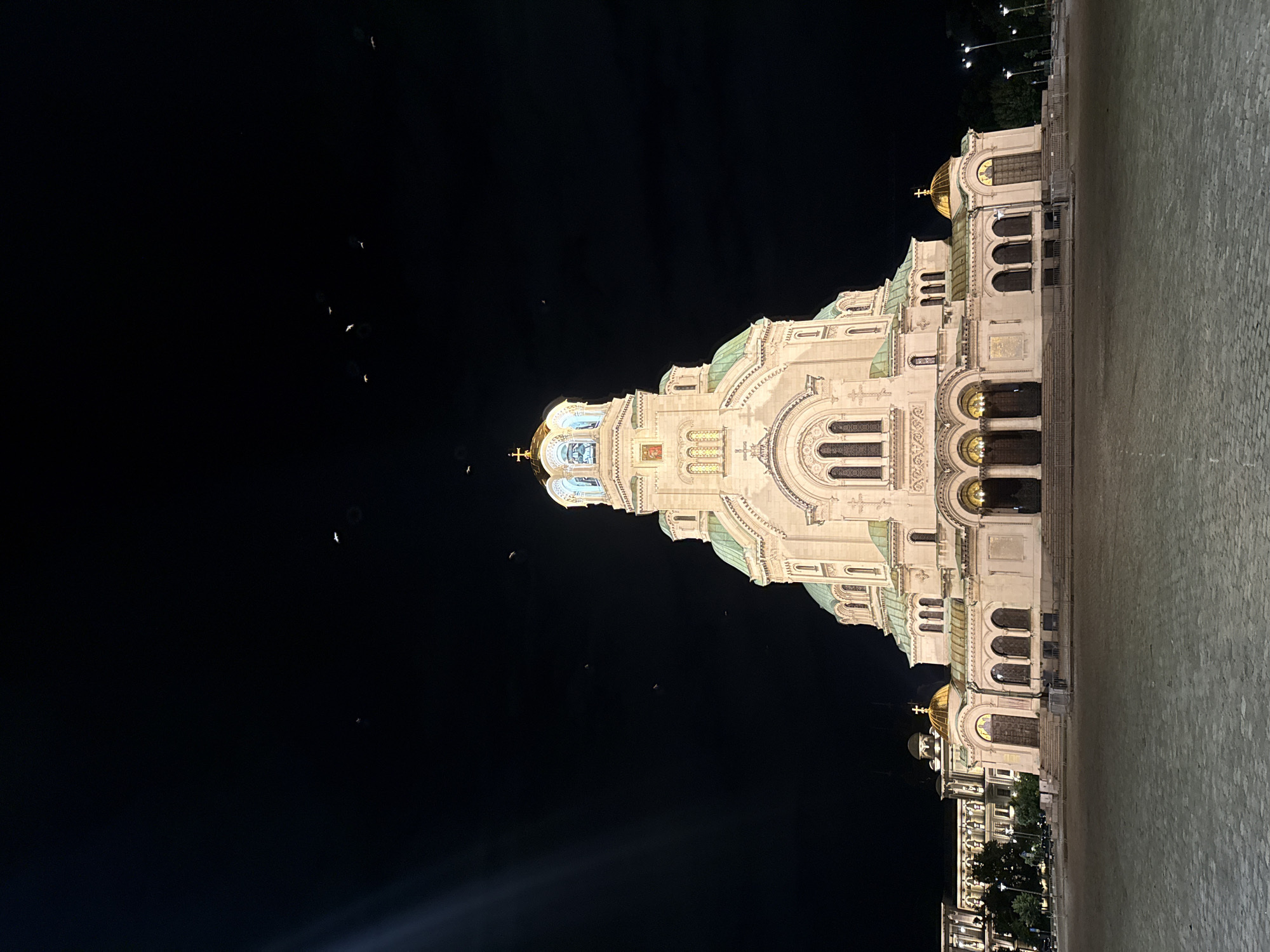 The image shows the Alexander Nevsky Cathedral in Sofia, Bulgaria at night. The cathedral is a large, ornate building with multiple domes, a central bell tower, and intricate architectural details. It is illuminated by artificial lights, which cast a warm glow on its facade. The sky above is dark and clear, with a few faint specks that could be birds or insects. In the foreground, there is a paved plaza, and to the left of the cathedral, part of another building with windows and columns is visible. Streetlights are also present on the right side of the image. The scene conveys a sense of grandeur and solemnity.