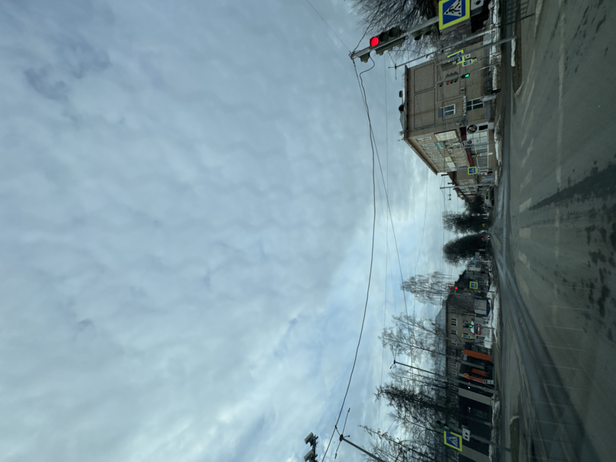 An eye-level, slightly tilted photograph depicts a street scene in Chaikovsky, Russia, under an overcast sky.
The foreground features a wet asphalt street running into the distance. Pedestrian crossings are visible. Buildings line the sides of the road, of varying heights, some with shops at ground level. Traffic lights are situated overhead, some showing red and green signals. Road signs, including pedestrian crossing indicators, are present. Bare trees are interspersed along the street. Electrical wires stretch across the sky.