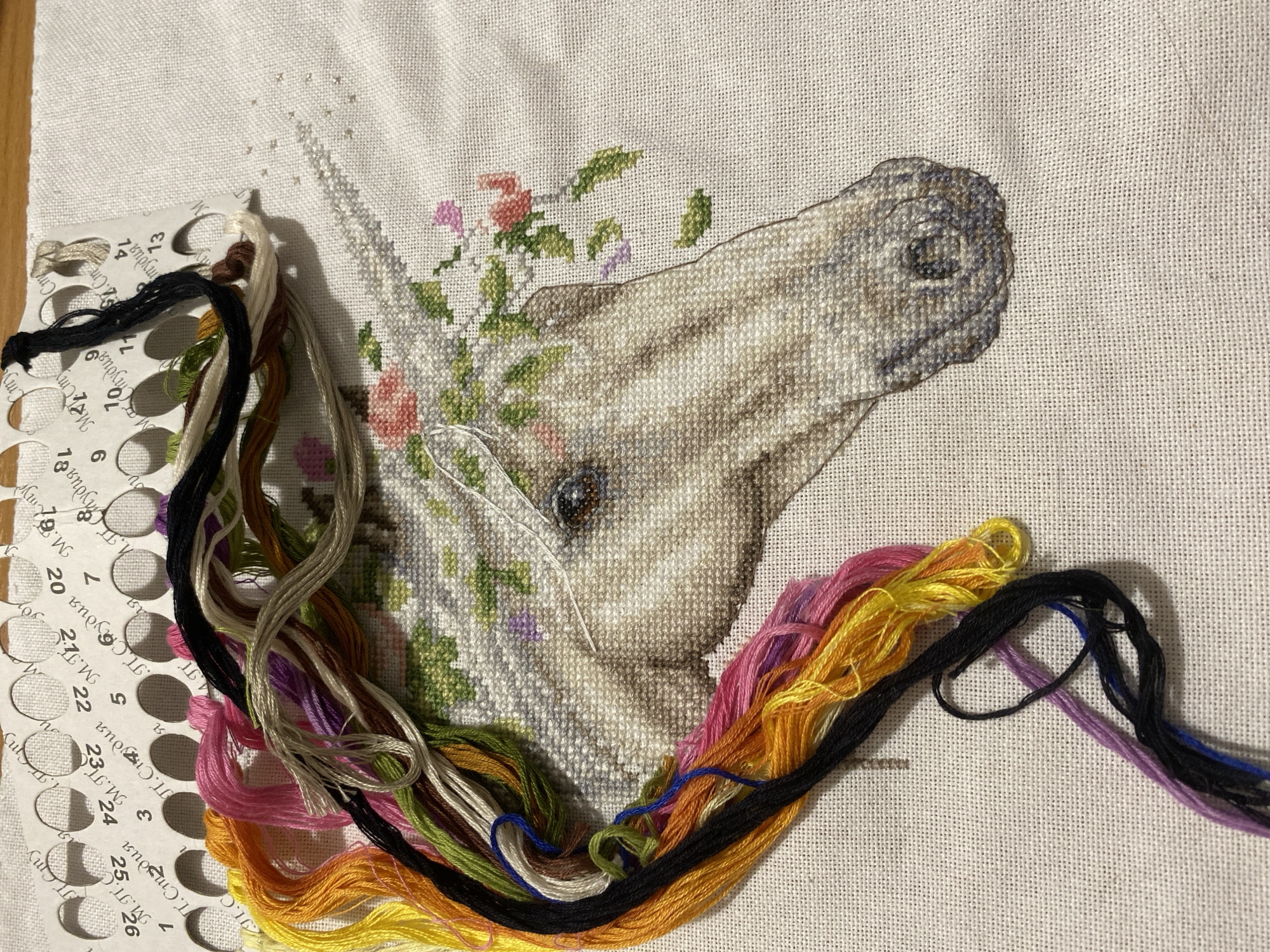 The image shows a close-up of a cross-stitch project featuring a unicorn head. The unicorn is mostly white with shading in gray and brown. It is adorned with flowers around its horn and head. The project is in progress, with several strands of embroidery floss in various colors lying near the work. A plastic floss organizer with numbered slots is also visible. The floss colors include black, yellow, orange, pink, purple, green, brown, and white. The background is a light-colored fabric, likely Aida cloth, used for cross-stitching. There is no indication of the image being taken in Yekaterinburg, Russia.