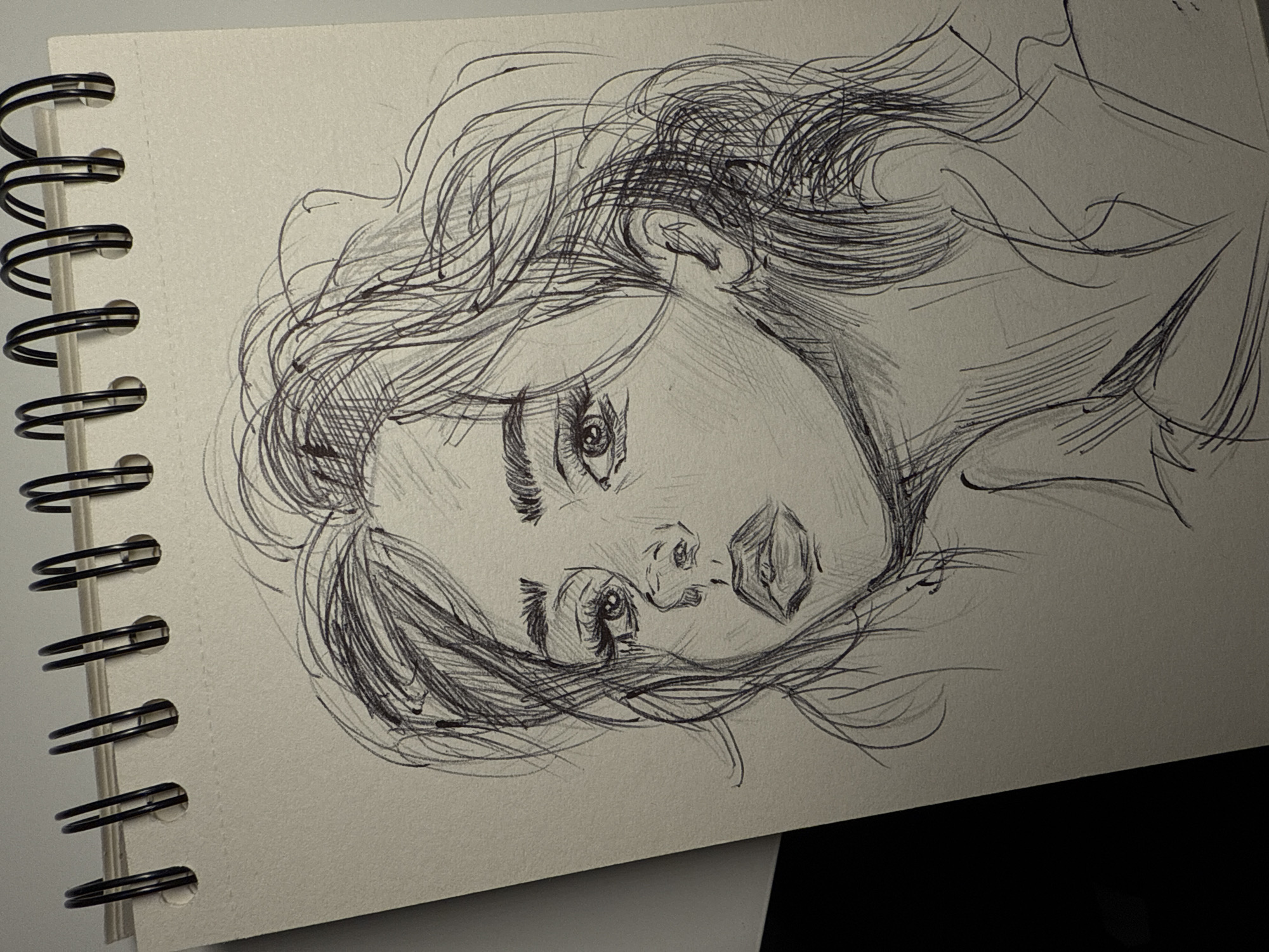 A black and white sketch of a woman's face and hair fills most of the frame. The sketch is contained on a page within a spiral-bound notebook. The notebook appears to be resting on a dark surface. The subject of the sketch is a woman with stylized, flowing hair. Her facial features are expressive, with detailed eyes and lips. The line work is dense and creates a sense of depth and movement. There is no indication in the image of the city of Sofia, Bulgaria.