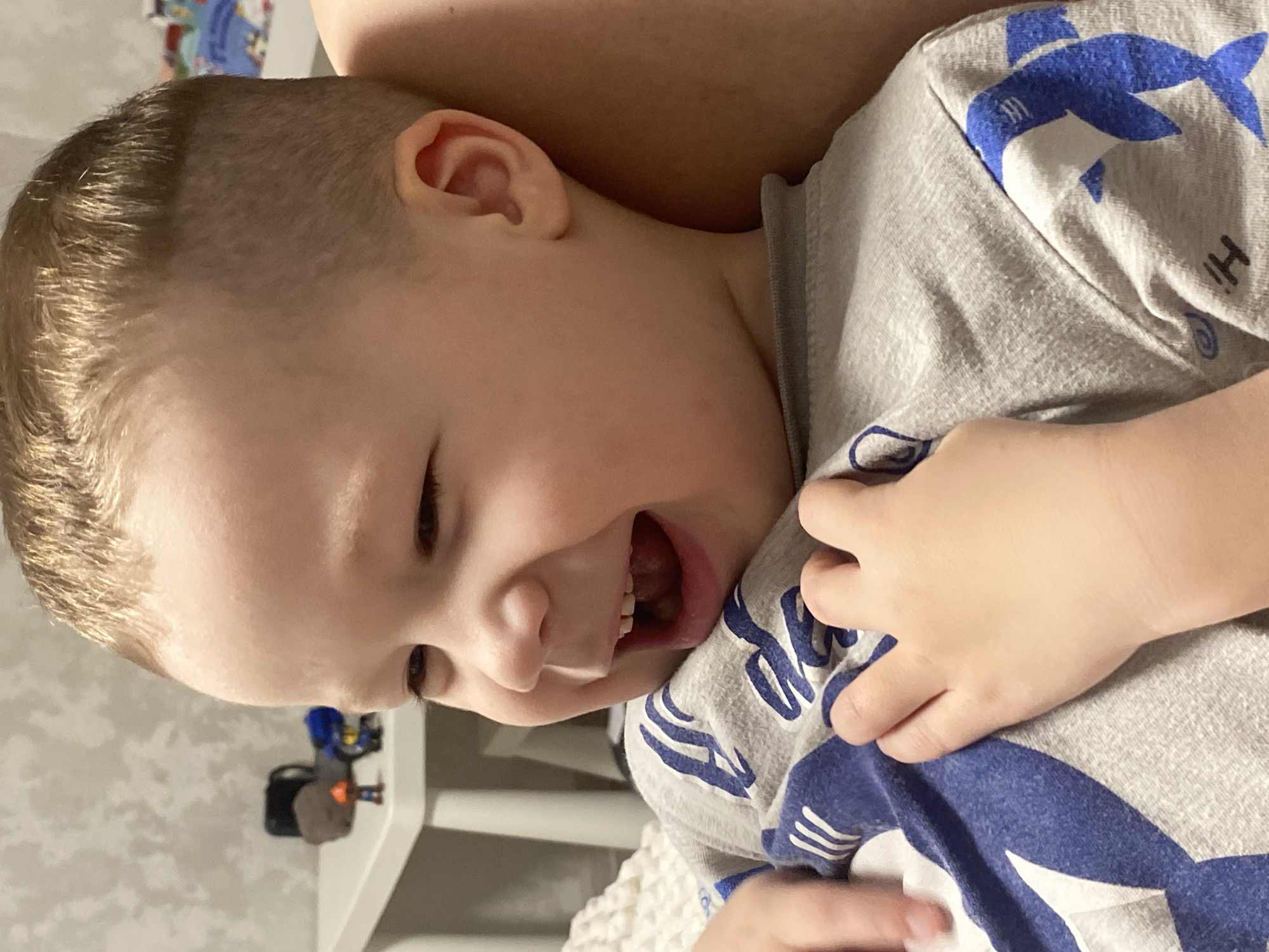 A joyful young child, likely a toddler or preschooler, is captured in a close-up, rotated portrait, appearing to be laughing or smiling widely. Their head is tilted, and their mouth is open, revealing small white teeth and a pink tongue, conveying an expression of delight. Their eyes are closed or squinted in amusement.
The child has short, light brown or blonde hair, closely cropped on the sides and slightly longer on top. They are wearing a light grey short-sleeved t-shirt featuring blue graphic designs of sharks and waves. The text "HI!" is faintly visible on the right side of the shirt. One of the child's hands is resting on their chest, possibly clutching the fabric.
The background is softly blurred, indicating an indoor setting. A light-colored surface or wall with a subtle pattern is visible behind the child. In the distance, a small, multi-colored toy, resembling a robot or action figure, is perched on a white shelf or surface. Part of an adult's body, possibly an arm or leg, is visible in the upper portion of the frame, suggesting the child is being held or is nestled against another person. The scene emanates warmth and happiness, set in Sochi, Russia.