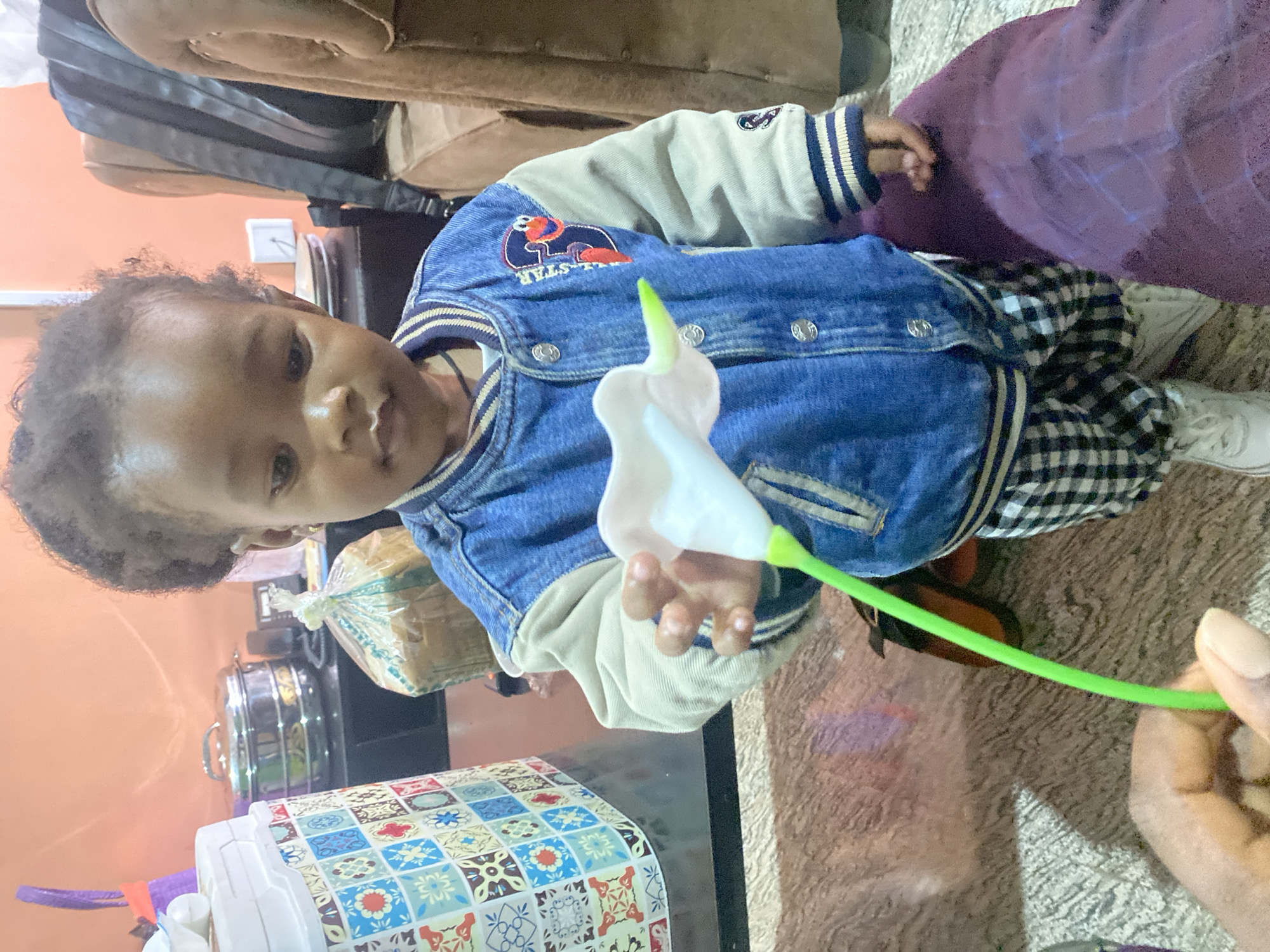 A toddler wearing a denim jacket and checkered pants is holding a white calla lily with a green stem. The background includes a patterned container, a loaf of bread, and furniture. The location is likely indoors. There is no verifiable information in the image to determine its specific location in Bar Jirgi Summa, Nigeria.