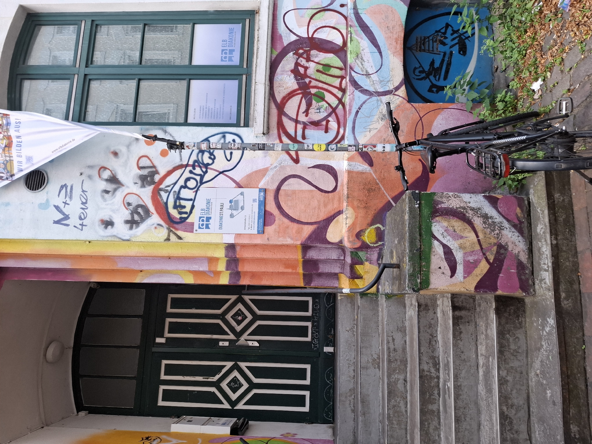 The image depicts the exterior of a building covered in graffiti, located in Hamburg, Germany. The entrance features a dark green double door with geometric white paneling. To the right of the door is a tall, narrow window with multiple panes, also in dark green. A flagpole with a white banner displaying text and images is positioned in front of the building, partially obscuring the window. The facade is heavily adorned with colorful spray-painted graffiti in various styles and colors, including abstract shapes and lettering. To the left of the door, there are mailboxes. A set of concrete stairs leads up to the entrance. A black bicycle is parked to the right of the stairs, leaning against the wall. The ground is paved with bricks and littered with fallen leaves. Several signs are visible, including one for "ELB DIAKONIE" which indicates a social welfare organization, and another banner that reads "WIR BILDEN AUS!" meaning "WE TRAIN!".