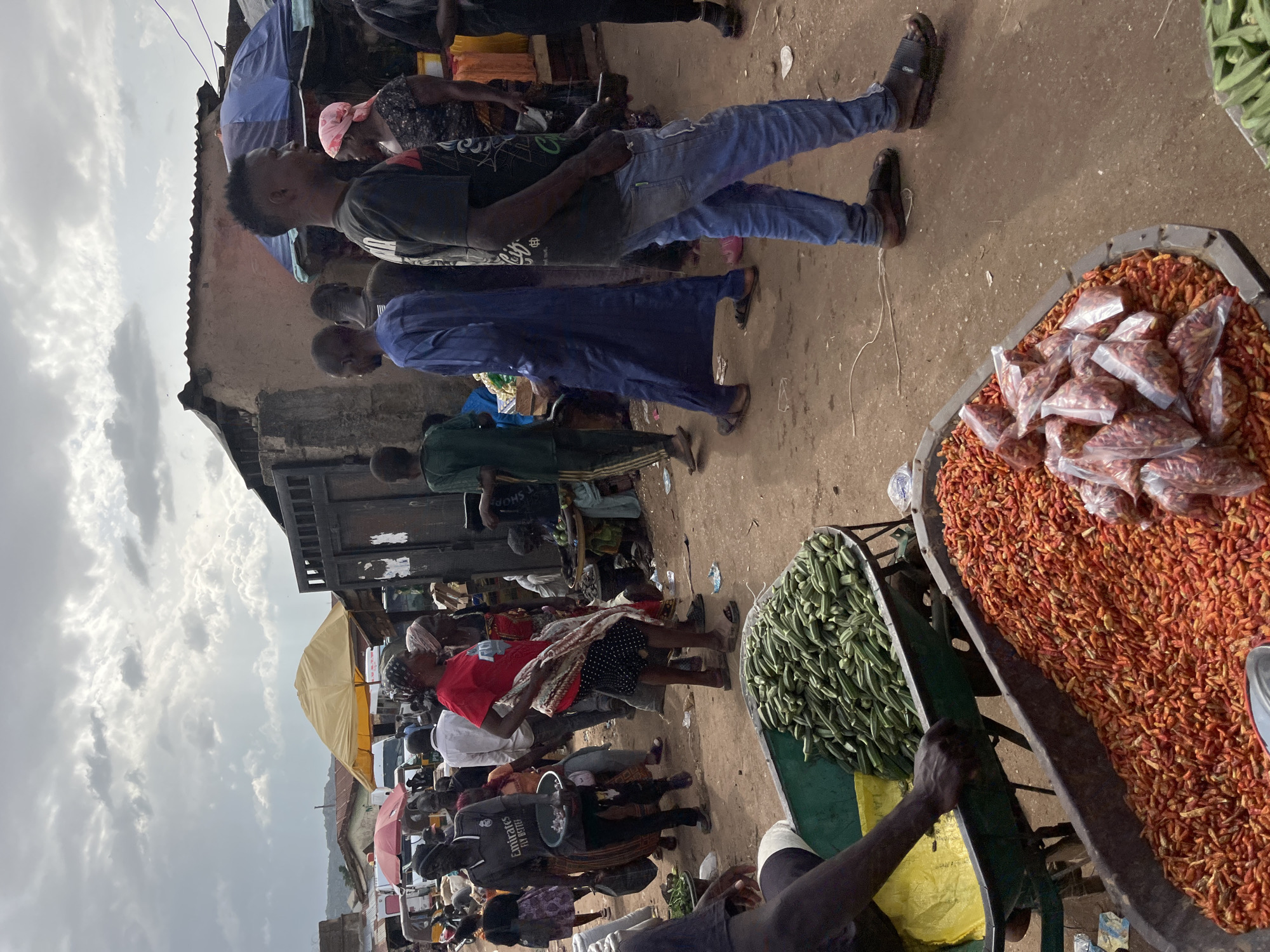 The image depicts a bustling outdoor market scene in Rafin Par, Nigeria, likely during daylight hours given the bright sky with scattered clouds. The ground is dusty earth, and stalls are constructed from various materials including corrugated metal and fabric awnings.
The central subjects are a diverse group of people, appearing to be vendors and shoppers engaged in commerce. They are dressed in everyday clothing, with some individuals in traditional attire, like the man in a blue robe. Objects on display and in use include large quantities of produce, specifically bright red chili peppers and green okra, presented in trays and wheelbarrows. Small plastic bags filled with dried red peppers are also visible.
The atmosphere seems lively and active, characteristic of a marketplace. One person is holding a mobile phone, suggesting modern elements are present alongside traditional commerce. The overall impression is one of a busy, community-oriented gathering where goods are being bought and sold. There is no discernible text visible in the image.