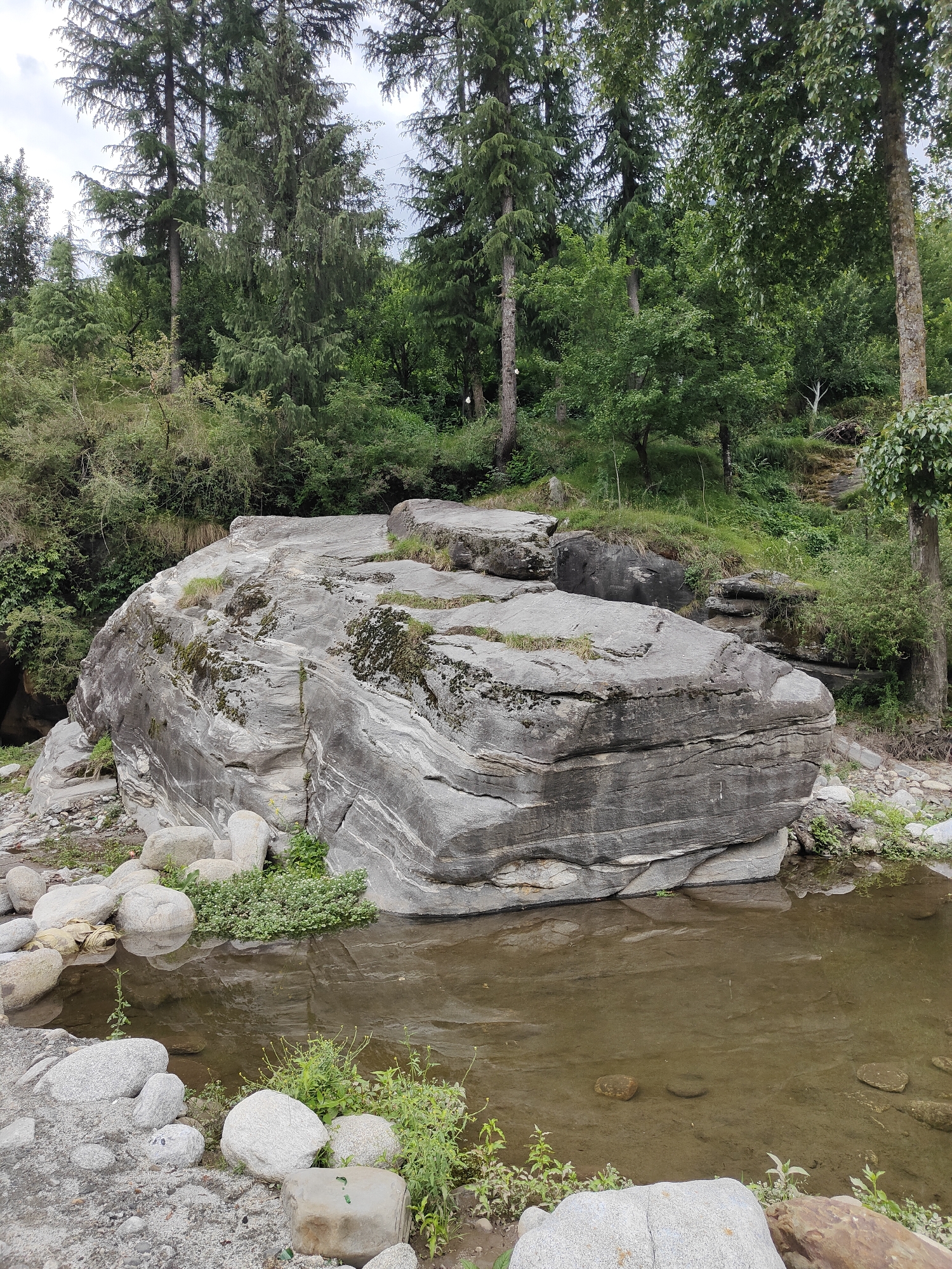 The image depicts a large, weathered boulder resting beside a shallow, calm body of water. The boulder exhibits distinct horizontal striations and is partially covered in moss. Surrounding the boulder are smaller rocks and sparse green vegetation. In the background, a dense forest of tall trees, characteristic of the Himalayas, dominates the landscape, with a cloudy sky overhead. The scene appears to be in the vicinity of Goshal, India, a region known for its natural beauty and mountainous terrain. There are no people or animals visible in the image.