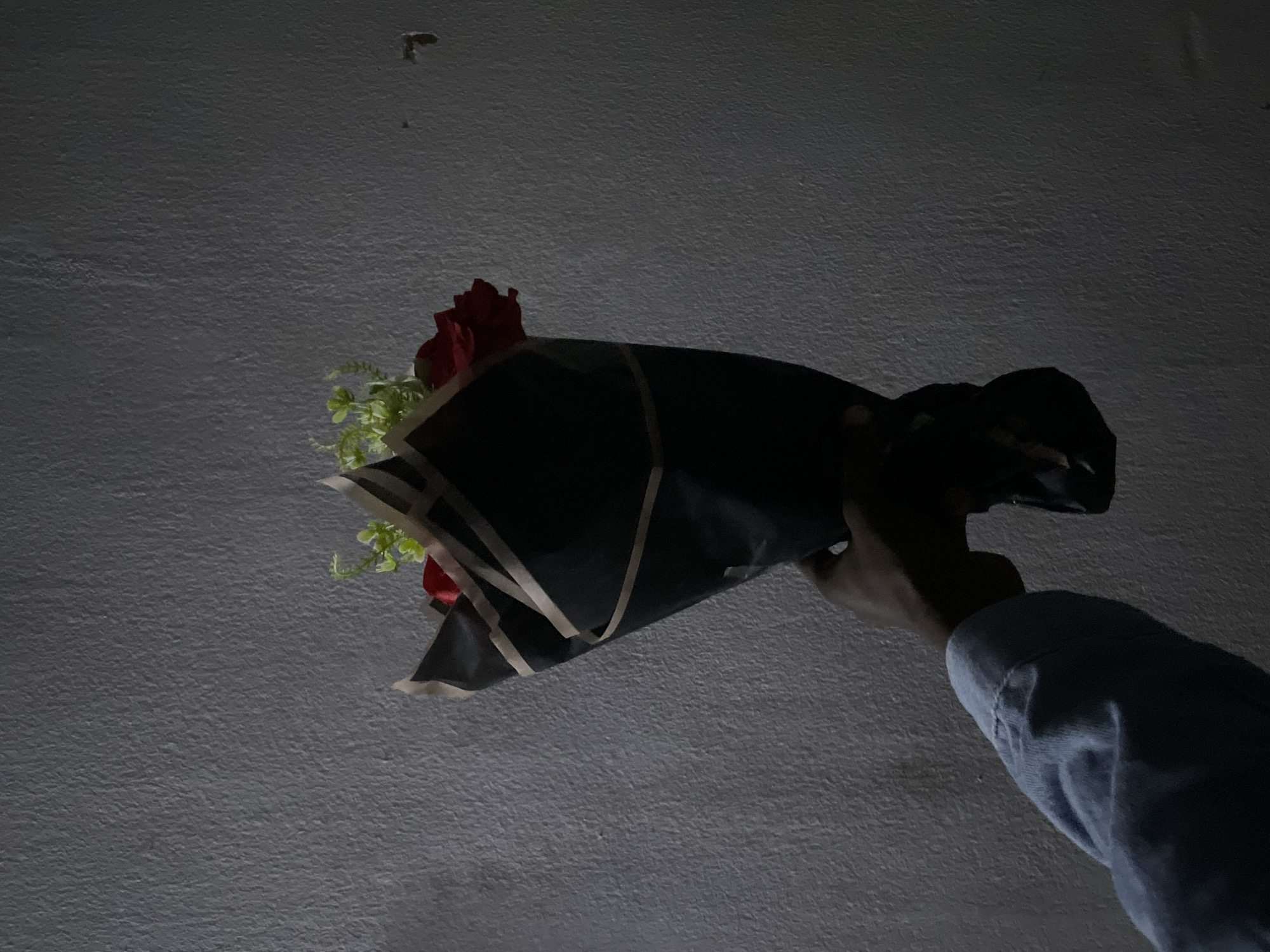 A person's dark-skinned hand, wearing a light blue long-sleeved shirt, holds a bouquet of red roses and green filler flowers wrapped in black and tan paper. The bouquet is positioned in the center of the frame, with the flowers pointing upwards and to the right. The background is a textured, light gray wall. The lighting is dim, creating shadows that obscure details of the environment. The scene appears to be indoors or in a sheltered outdoor area. There is no specific indication of location within Durumi, Nigeria.