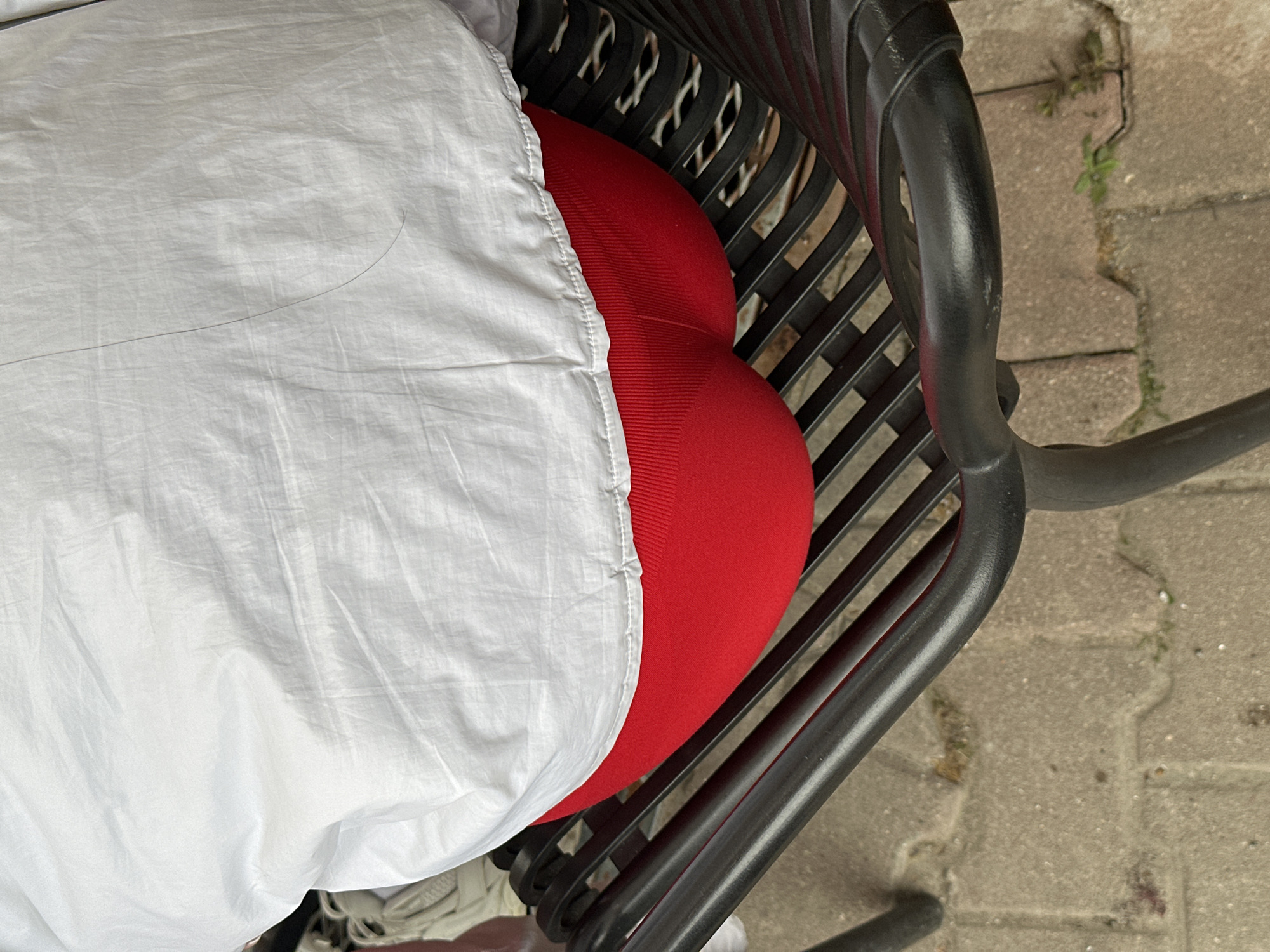 The image, captured from a top-down perspective, displays a person resting or sleeping outdoors. The individual is mostly covered by a white, wrinkled sheet or blanket, which dominates the left side of the frame. A long, dark strand of hair is visible on the white fabric near the top left.
Beneath the white covering, a vibrant red garment or fabric is visible, snugly conforming to the contours of a body, suggesting the person is lying on their side. This red material is partially obscured by the white sheet.
The person is situated on a dark, likely black, metal bench with a slatted design, which is prominently featured on the right side of the image. The bench includes curved metal elements, possibly arms or support structures. Adjacent to the bench and in the lower right portion of the frame, a paved ground surface is visible. This ground is made of light-colored concrete pavers or bricks, with small patches of green weeds or grass growing in the cracks, reinforcing the outdoor setting.
The scene appears to depict a moment of repose in a public or semi-public outdoor space, consistent with a setting in Plovdiv, Bulgaria. No specific time of day, weather conditions, or emotions are discernible, and no text is visible.