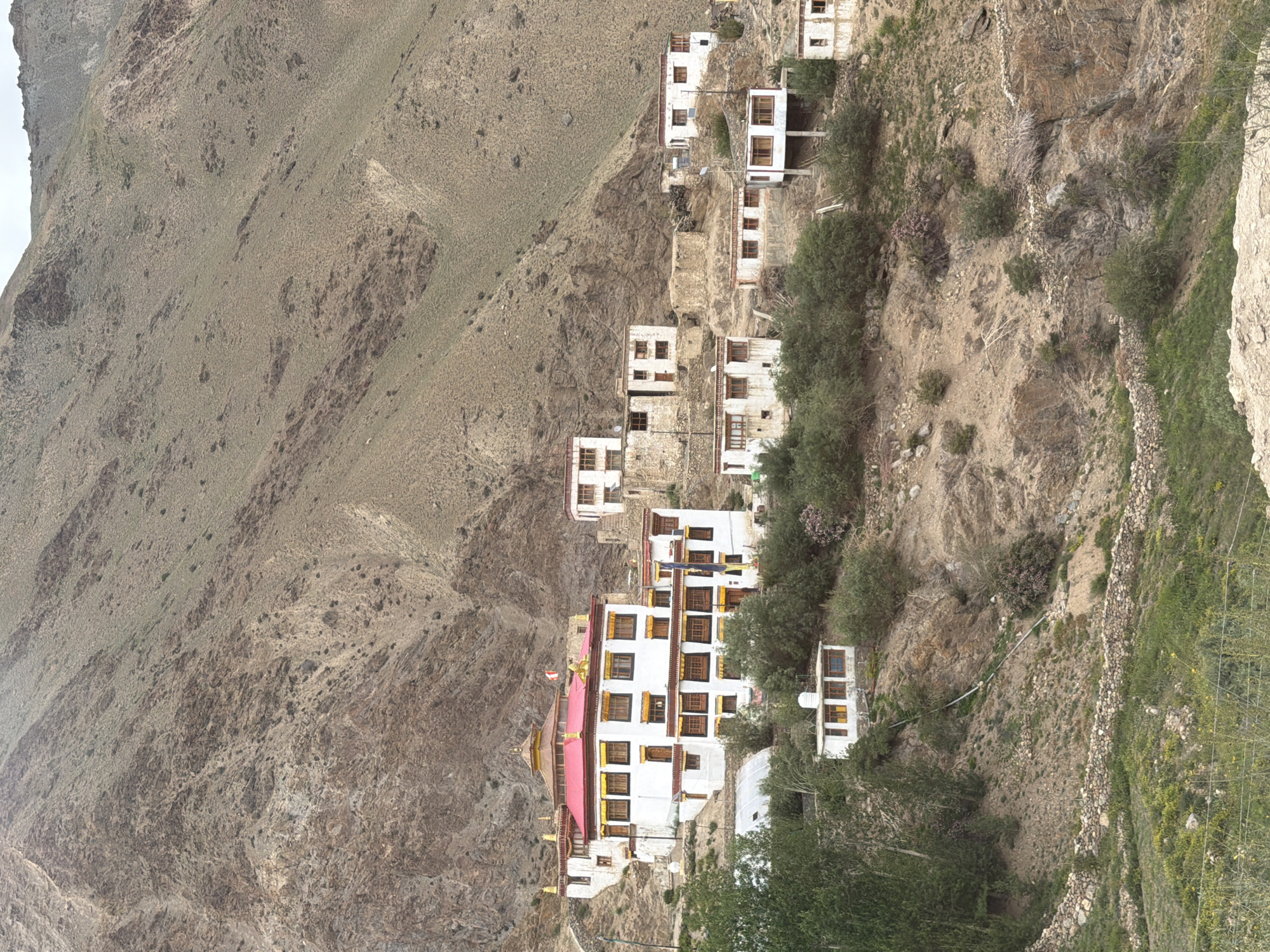 The image depicts a monastery nestled in a mountainous landscape. The monastery complex consists of several whitewashed buildings with red roofs, accented with yellow trim around the windows and cornices. Some buildings feature tiered roofs and decorative golden finials. The monastery is situated on a steep, arid hillside, with sparse vegetation consisting of low-lying shrubs and some trees. The surrounding terrain is characterized by rocky, eroded slopes and a dusty, brown-green hue. The sky is overcast. The image appears to be taken from a lower vantage point, looking up at the monastery. There are no people visible in the image. The scene suggests a remote, possibly religious, settlement in a harsh environment. The location is identified as Reru, India, which is a village in the Lahul and Spiti district of Himachal Pradesh, known for its Buddhist monasteries and rugged mountain scenery.