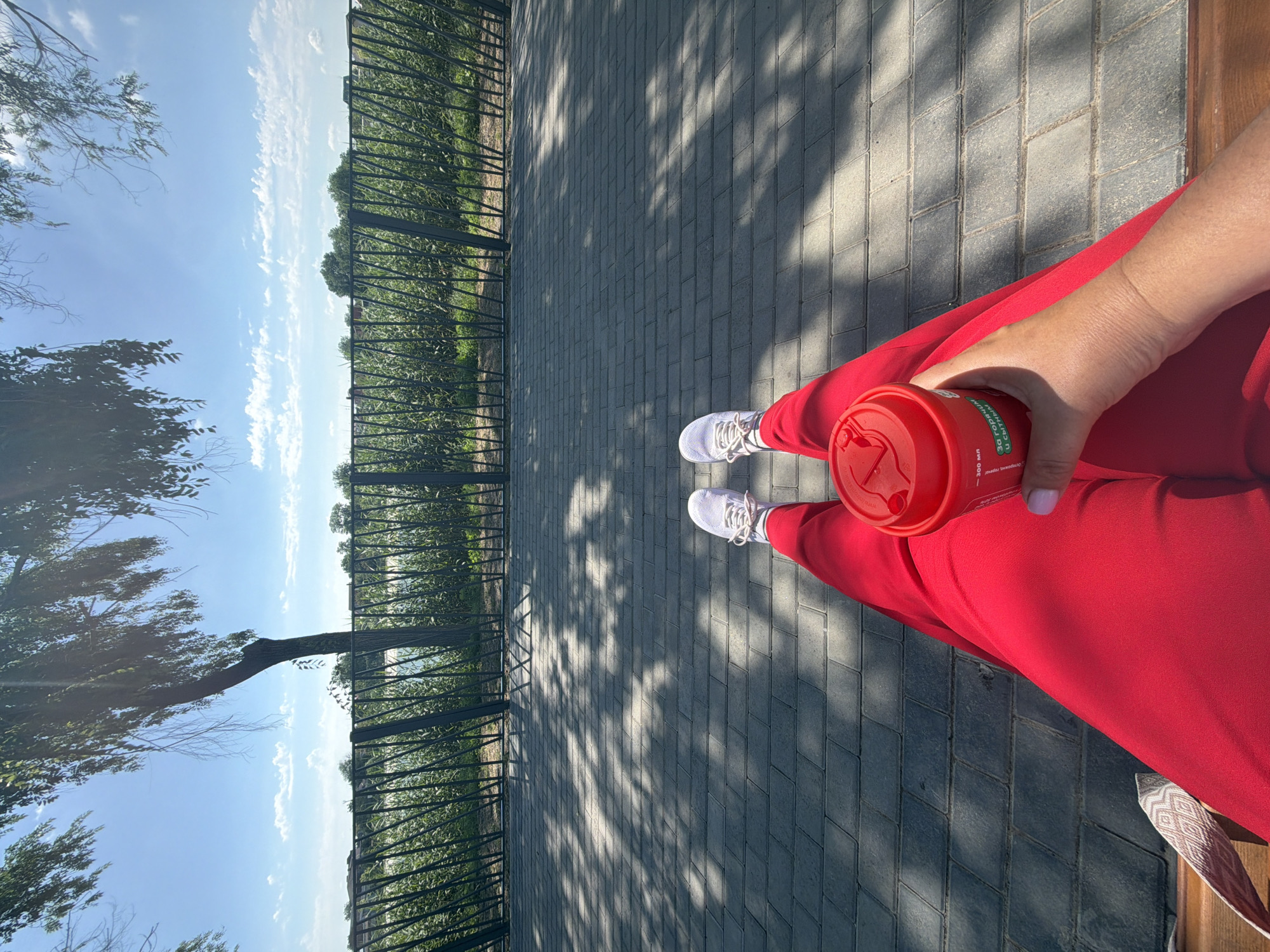 A POV shot shows a person's legs and arm, dressed in red pants and holding a red coffee cup, sitting on a bench. The bench is located on a stone pathway in what appears to be a park or outdoor seating area. The pathway is partially shaded by dappled sunlight filtering through tree branches. Beyond the pathway is a dark metal fence, behind which is a body of water and dense green vegetation. Further in the distance, trees and some buildings are visible against a bright blue sky with scattered white clouds. The location is identified as Leningradskaya, Russia.
