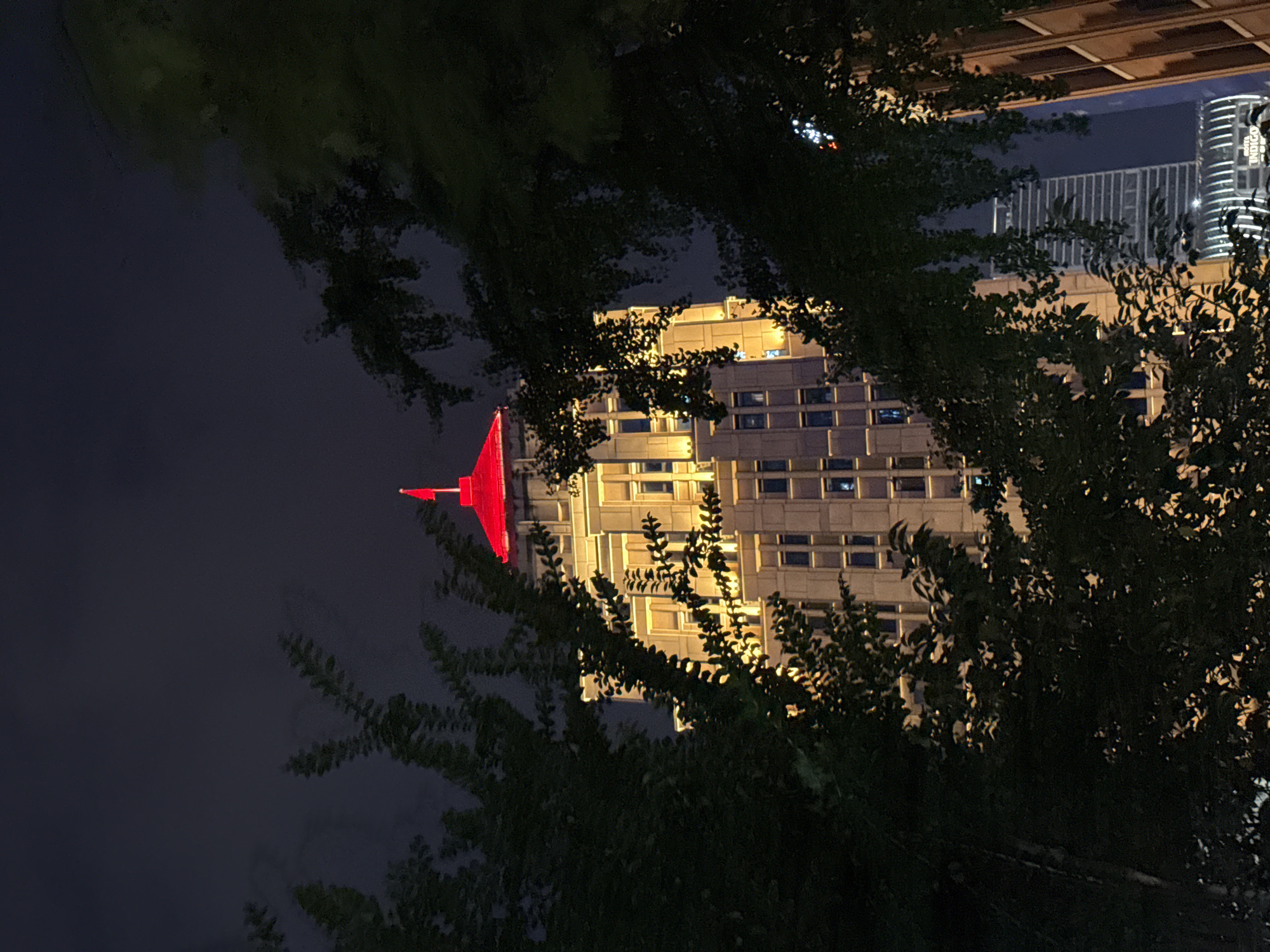 The image depicts a night scene in Yuzhong District, China, dominated by a tall building illuminated with warm yellow lights. The building has a distinctive red, pagoda-like roof topped with a small red flag. Dark green foliage partially obscures the view of the building from the foreground, creating a layered effect. In the background, other city buildings are visible, including a modern skyscraper with horizontal white lines. The sky is dark and hazy, suggesting a night or evening setting. No people or discernible actions are present in the image.