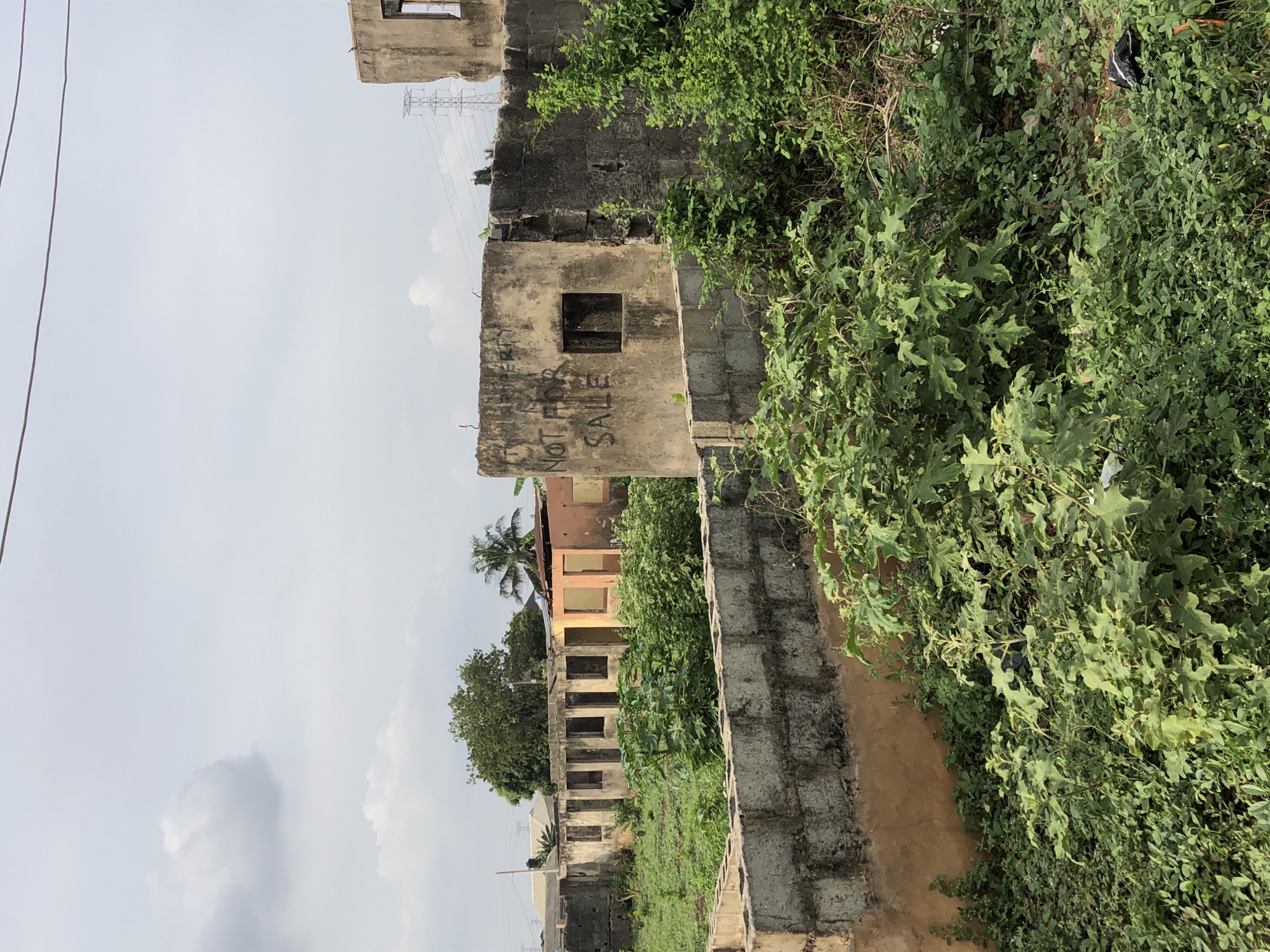 The image shows a deteriorating building in an unidentified location. The building has exposed concrete blocks and a message painted on the wall, "NOT FOR SALE". Overgrown vegetation covers the side of the building and the surrounding area. A power line is visible in the background. A partially constructed brick wall runs alongside the building.
