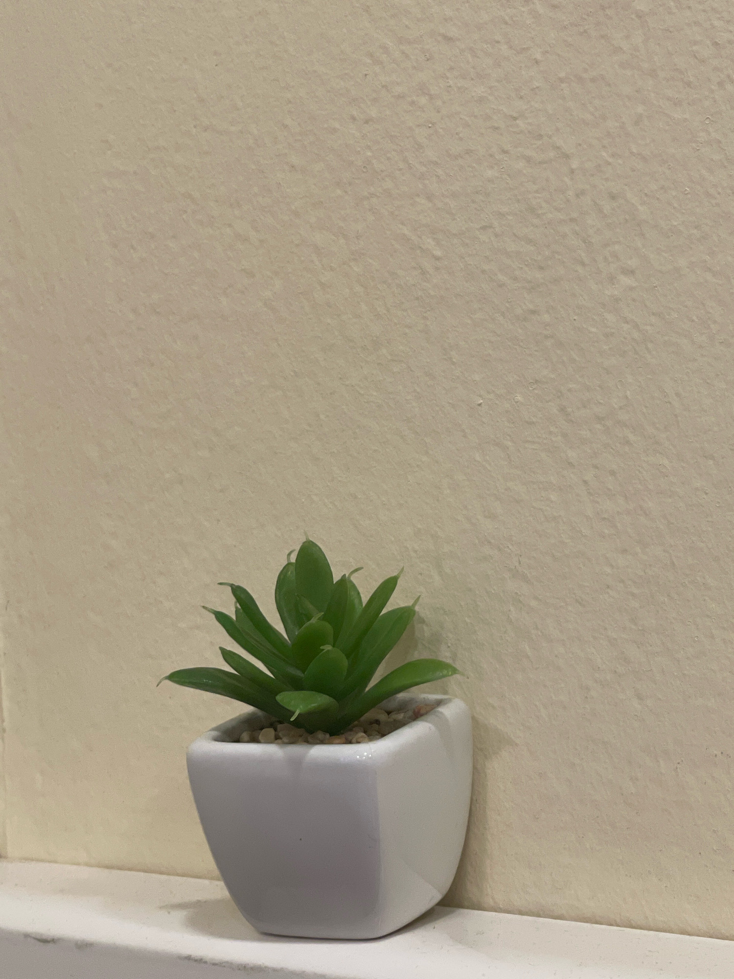An artificial succulent plant sits in a white ceramic pot on a white surface. The pot is positioned in the lower center of the frame. The background is a textured, light beige wall. The lighting suggests an indoor setting, potentially a home or office in Roumieh, Lebanon.