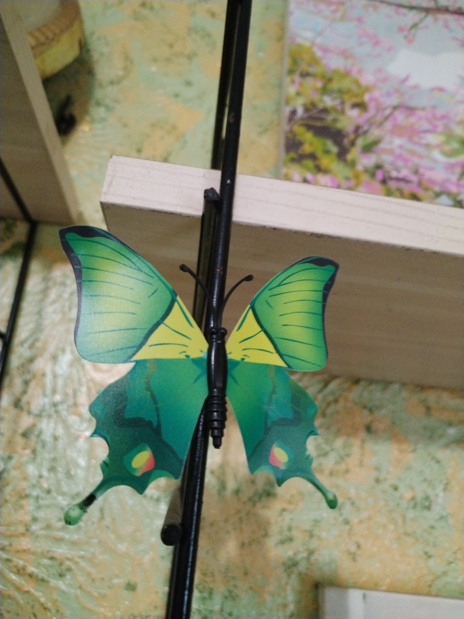 A green and yellow butterfly decoration is attached to a thin black rod. The butterfly is positioned in the center of the frame, with its wings spread wide. The background consists of a textured wall with a floral print and a wooden shelf.