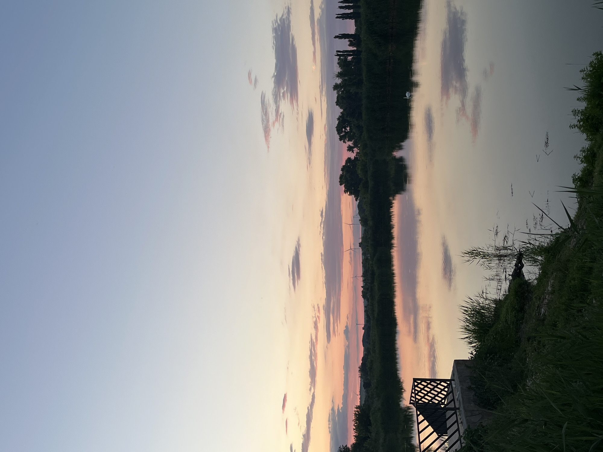The image depicts a serene sunset over a tranquil body of water, likely a river or lake, in Kotovo, Russia. The sky is a gradient of soft blues and pale oranges, with wispy pink-tinged clouds scattered across it. In the distance, silhouetted against the horizon, are several wind turbines, characteristic of rural landscapes. The water's surface acts as a mirror, reflecting the sky and the surrounding lush greenery. On the left bank, a small concrete platform with a black metal railing overlooks the water, suggesting a viewing area or a small pier. Tall reeds and grass grow along the water's edge. In the middle distance, a white swan is visible on the water, adding a touch of natural elegance to the scene. The overall atmosphere is one of peacefulness and natural beauty.