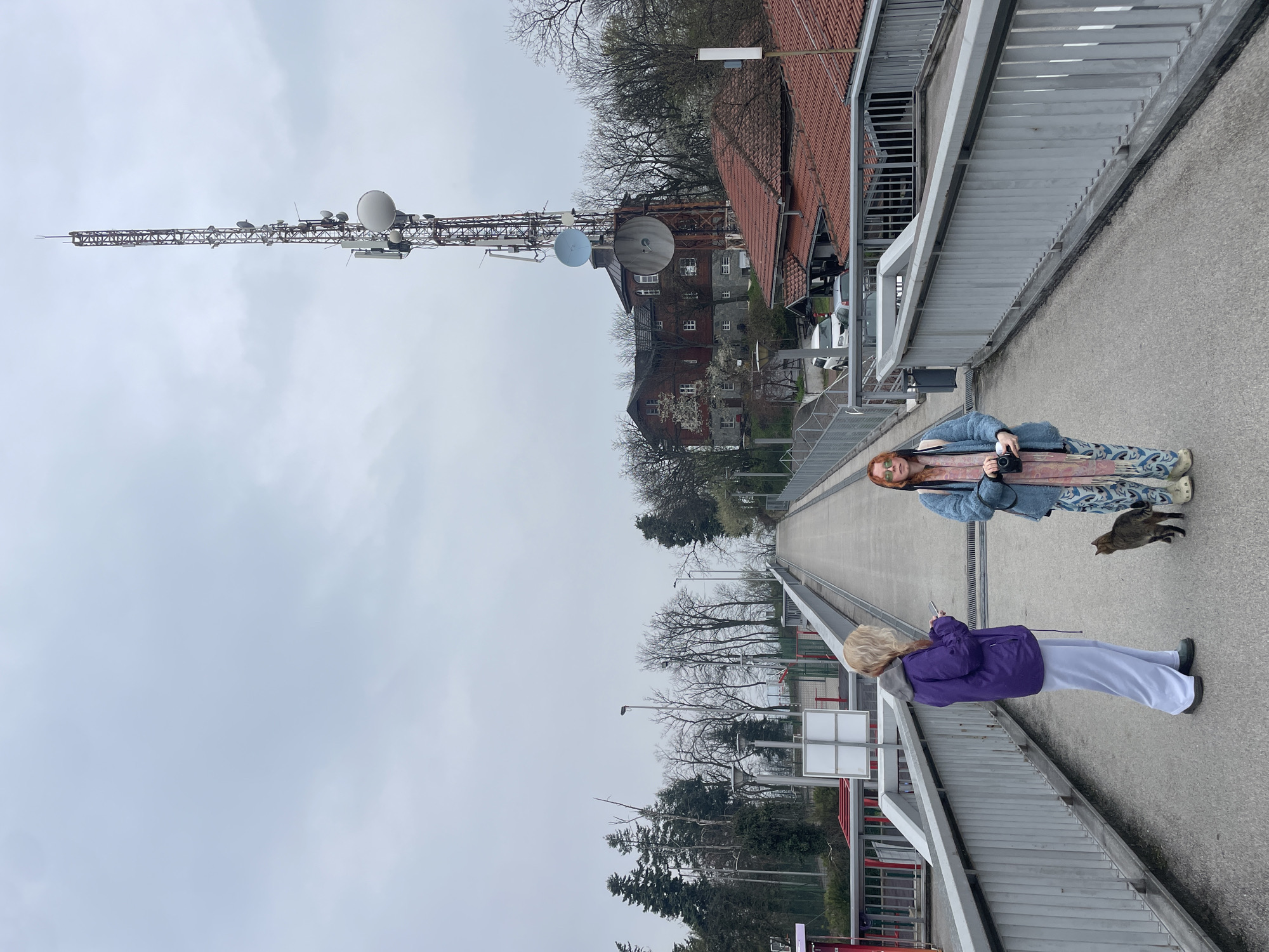 Two women stand on a bridge or elevated walkway. One woman is pointing forward. The other woman is holding a camera. A cat is near them on the walkway. The bridge spans a lower road and has metal railings. Behind the bridge is a telecommunications tower, a building with a red tile roof, and trees. The location is Vozdovac Urban Municipality, Serbia.