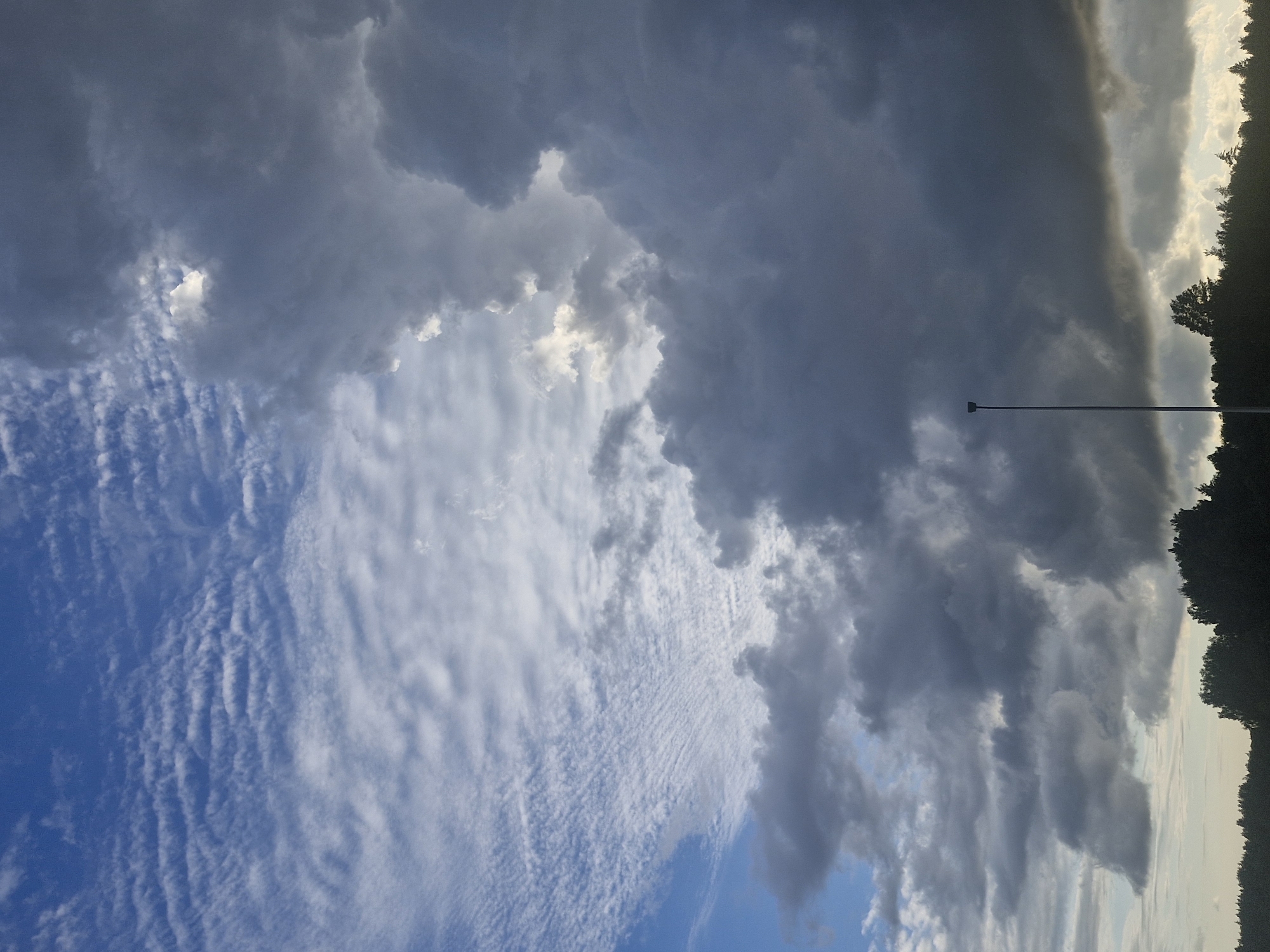 The image displays a dynamic sky over a treeline, likely in the vicinity of Jenči, Latvia. The sky is a dramatic mix of dark, heavy storm clouds dominating the right side of the frame and wispy, textured cirrus clouds stretching across the upper left portion. A sliver of bright blue sky is visible in the far upper left. A tall, slender light pole stands vertically in the lower right quadrant, silhouetted against the cloudy sky. The treeline at the bottom of the image is dark and dense, suggesting a natural or forested area. The lighting indicates it could be late afternoon or early evening, with some sunlight breaking through the storm clouds. There are no people or active events depicted in the scene.