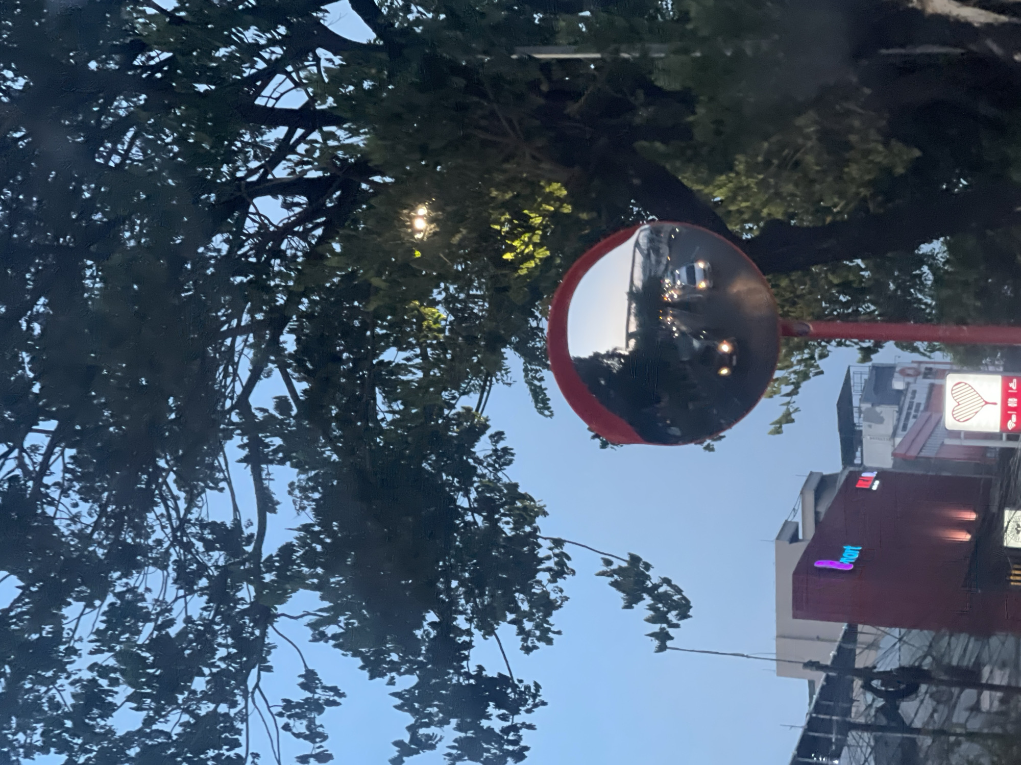 This is an eye-level, medium shot of a convex mirror reflecting a busy street in Central Jakarta, Indonesia. The sky is overcast and the lighting suggests it is either dawn or dusk. The mirror is mounted on a red pole and is framed by the dark branches and leaves of a large tree. The reflection in the mirror shows multiple vehicles on a road, some with their headlights on. In the background, out of focus, are buildings. One building on the left is a prominent red structure with "e mart" lit up in pink neon. Another building to the right appears to be an apartment complex or office building. The overall impression is a snapshot of urban life in Jakarta.