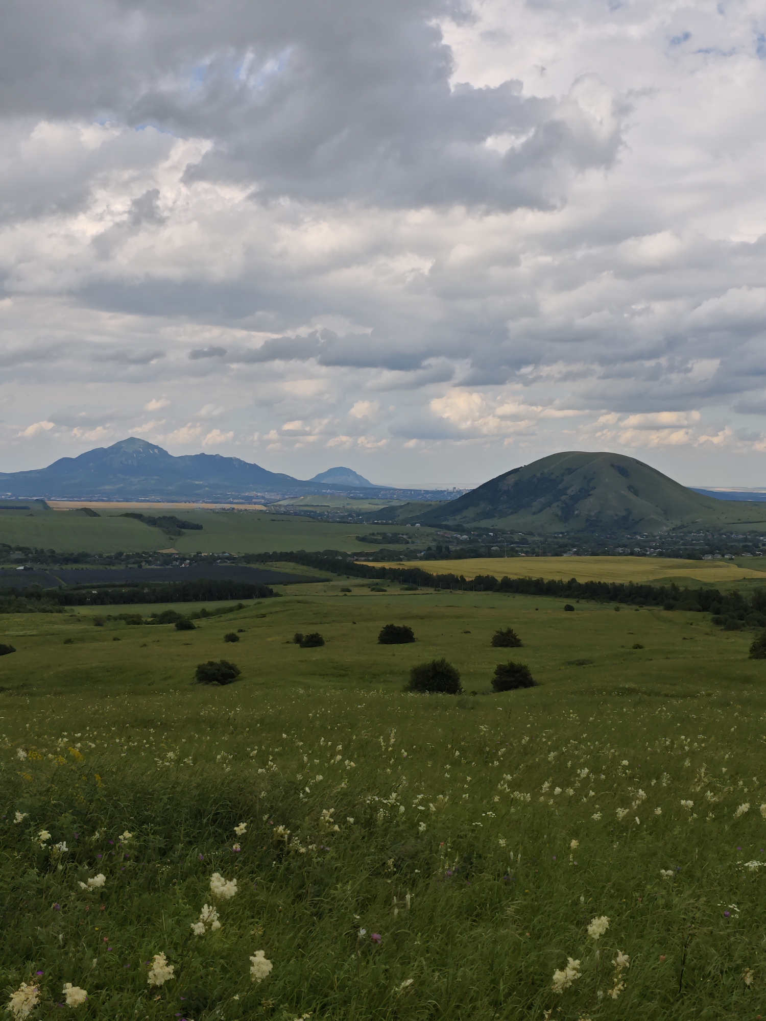 The image depicts a panoramic landscape featuring a verdant rolling field in the foreground dotted with small white wildflowers and green shrubs. In the mid-ground, the landscape transitions to more cultivated fields, including areas of yellow crops and a dark green treeline. Further in the distance, several distinct mountains rise against a sky filled with dramatic, overcast clouds. The largest mountain on the right is a rounded, cone-shaped peak. To the left, a range of mountains forms a jagged silhouette, with a city visible in the valley between them and the mid-ground. The overall impression is of a natural landscape with human settlement present in the distance, under a dynamic sky. The location is identified as Etoka, Russia.