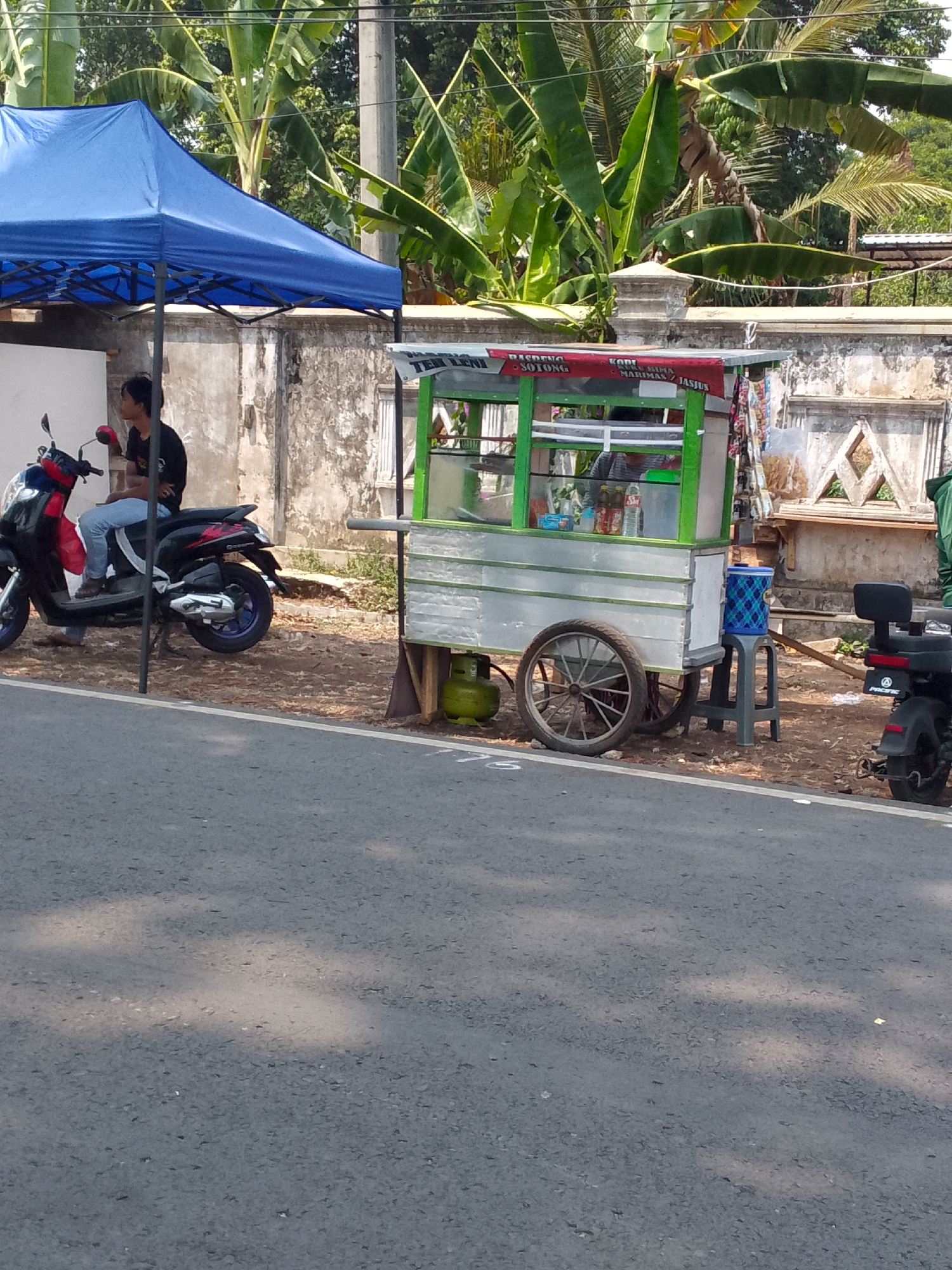 The image depicts a street scene in Mandalawangi, Indonesia. A food cart with a green and silver structure is parked on the side of the road. The cart displays signs with Indonesian text, possibly indicating the food or drinks offered. A person is seated on a black motorcycle to the left of the cart. The motorcycle is black with red accents. Behind the cart and motorcycle, there is a low wall and lush green foliage, including banana trees. A blue canopy tent is set up to the left of the scene, partially obscuring the wall and motorcycle. The road in the foreground appears to be asphalt, with some dappled sunlight. In the background, a concrete pole and more trees are visible.