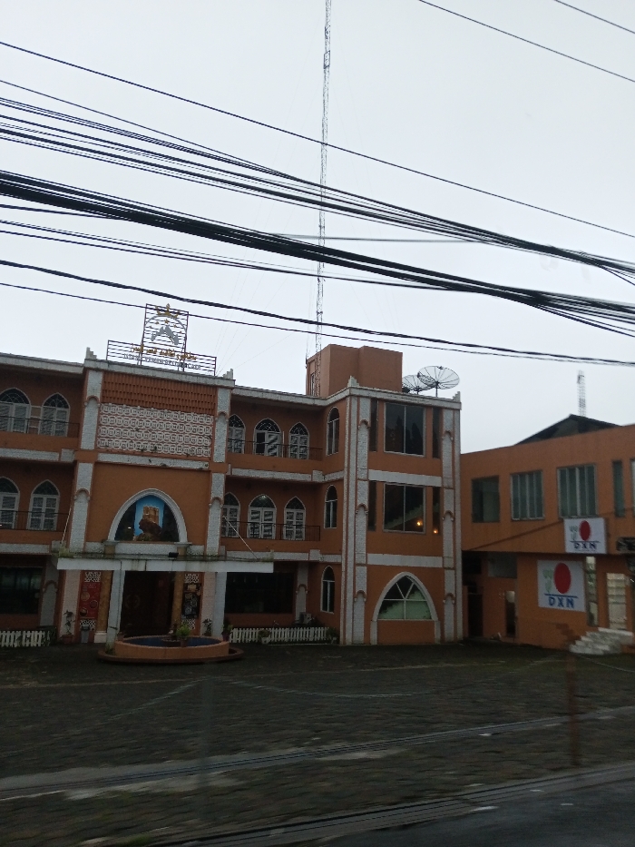 The image depicts an urban scene in Dawathang_Dorjibi_ Kashingtsawa, Bhutan, under an overcast sky. The primary subject is a multi-story building featuring an orange facade with white architectural trim, displaying numerous arched windows with white frames. A prominent sign adorns the roofline, showing a crown-like emblem above a stylized animal, with partially legible text including "GYEMED" and "CAFE". Below this, a decorative patterned panel spans the building's mid-section. The ground floor includes a large arched recess containing a three-dimensional model of a fortified structure. In front of the main entrance, a circular, dry fountain or planter is visible on a paved area, which extends into the foreground with dark, possibly tiled or cobblestone pavement.
To the right, an attached or adjacent orange building with rectangular windows is visible. This structure features two vertically stacked rectangular signs, each displaying a red circle on a white background with the white letters "DXN" within.
The scene is intersected by numerous black utility wires running horizontally across the upper middle portion of the frame. In the background, behind the main building, a tall, slender communication tower is visible. Two satellite dishes are mounted on the roof of a raised section of the primary building. No individuals are present in the frame, and no specific actions or interactions are depicted.