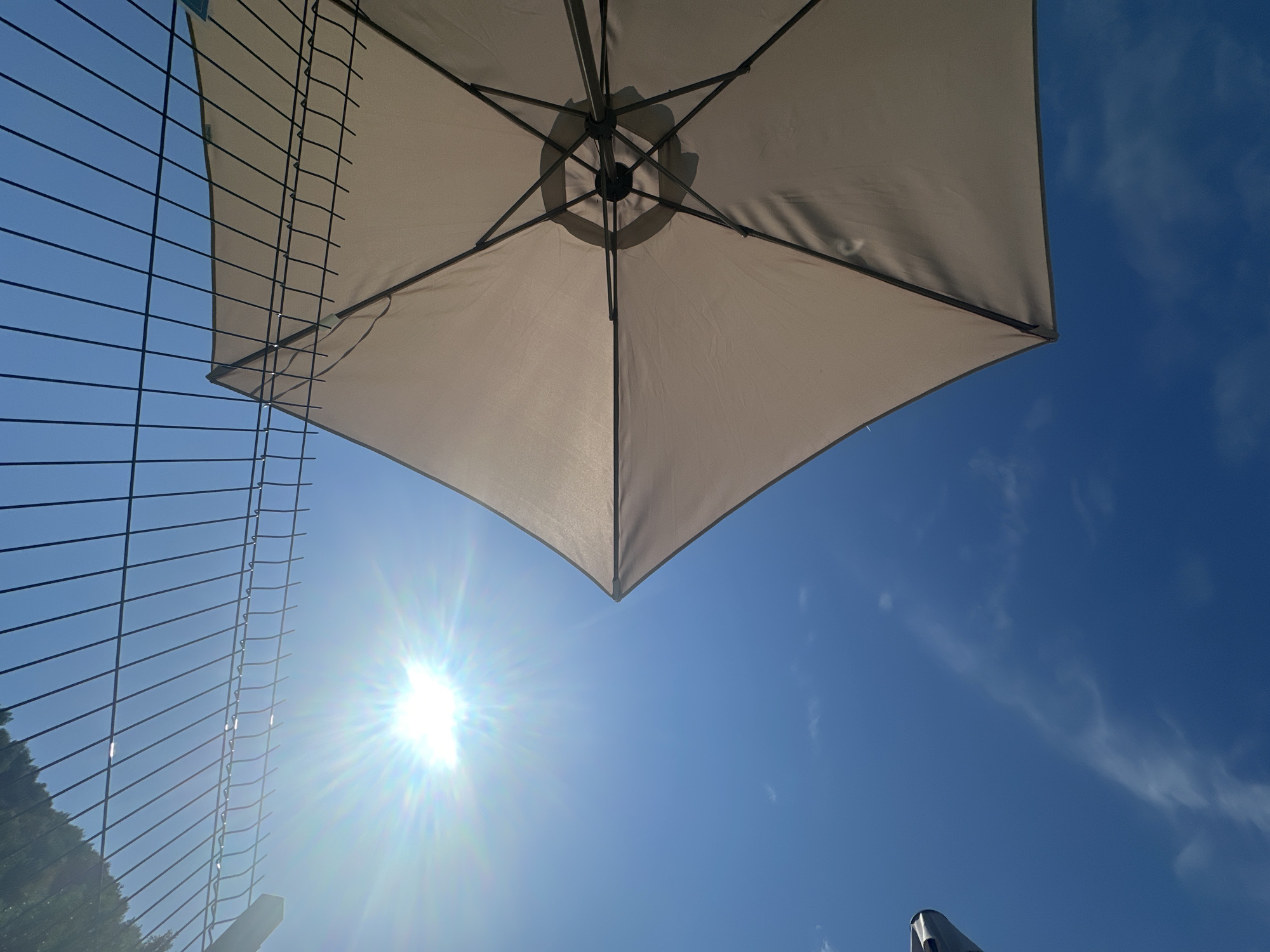 The image depicts an outdoor scene with a bright sun and a clear blue sky. A portion of a beige umbrella is visible, angled upwards and obscuring some of the sky. A metal fence runs across the top portion of the image, also angled downwards. The sun is prominently featured, creating a lens flare effect with visible rays. There are some wispy white clouds scattered in the sky. The scene is shot from a low angle, looking up towards the sky. There are no people or animals visible in the image. The location is specified as Danilovka (Altai Krai), Russia.