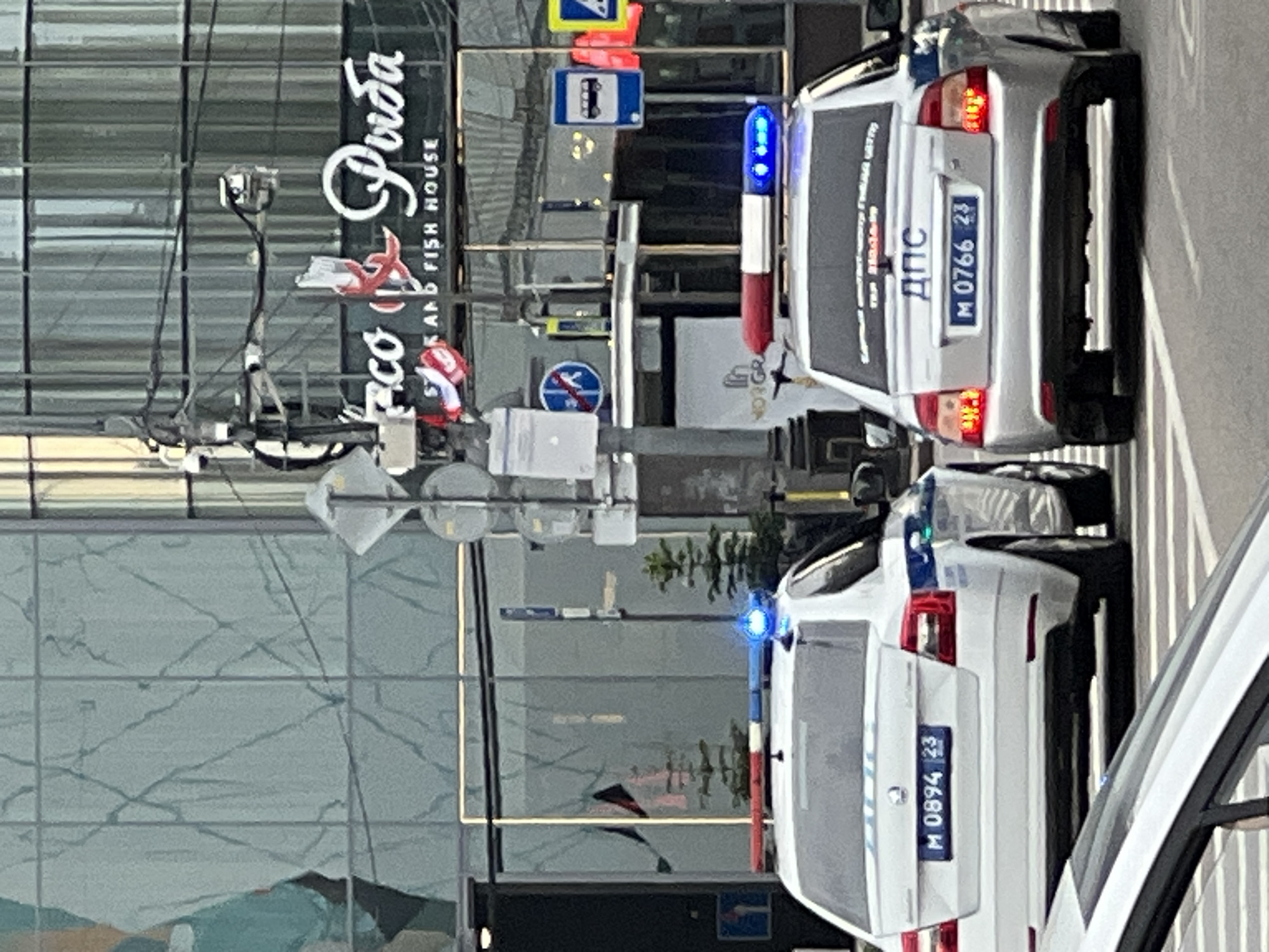 The image depicts two Russian traffic police cars (DPS) parked near a building. The building, with reflective glass windows, features a sign reading "Risco & Fish House" and "Ryba" (fish in Russian). Street signs are also visible. The police cars are white, with blue lights flashing. The license plates of the cars are visible: M 0766 23 and M 0894 23. The "23" suffix on the plates suggests the location is in the Krasnodar region of Russia. The photo is taken from a low angle, slightly tilted.