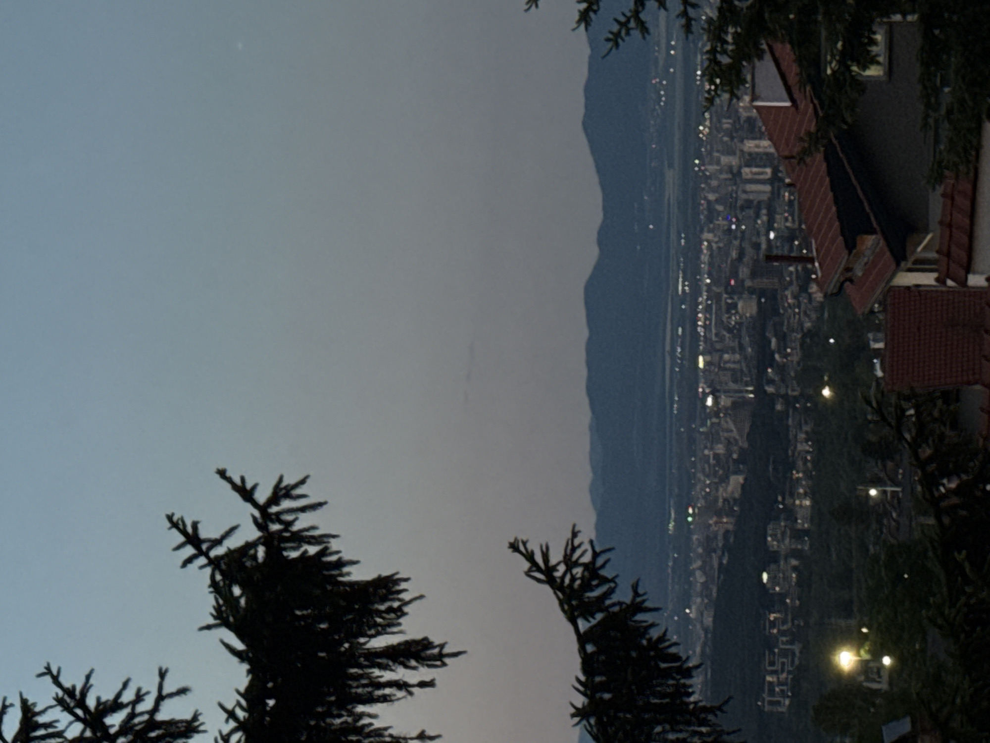 The image captures a panoramic view of Sofia, Bulgaria, at dusk. In the foreground, the dark silhouettes of evergreen branches frame the scene. Below, the sprawling city lights twinkle against the darkening landscape, suggesting the transition from day to night. In the middle ground, a cluster of buildings with red tiled roofs is visible, hinting at a residential area. The background is dominated by a series of hazy mountain ranges, their forms softened by the twilight. The sky is a gradient of pale blue and gray, with a subtle hint of a distant light, possibly the moon or a bright star, visible in the upper right quadrant. The overall impression is one of quiet observation of the urban expanse as it awakens to the night.