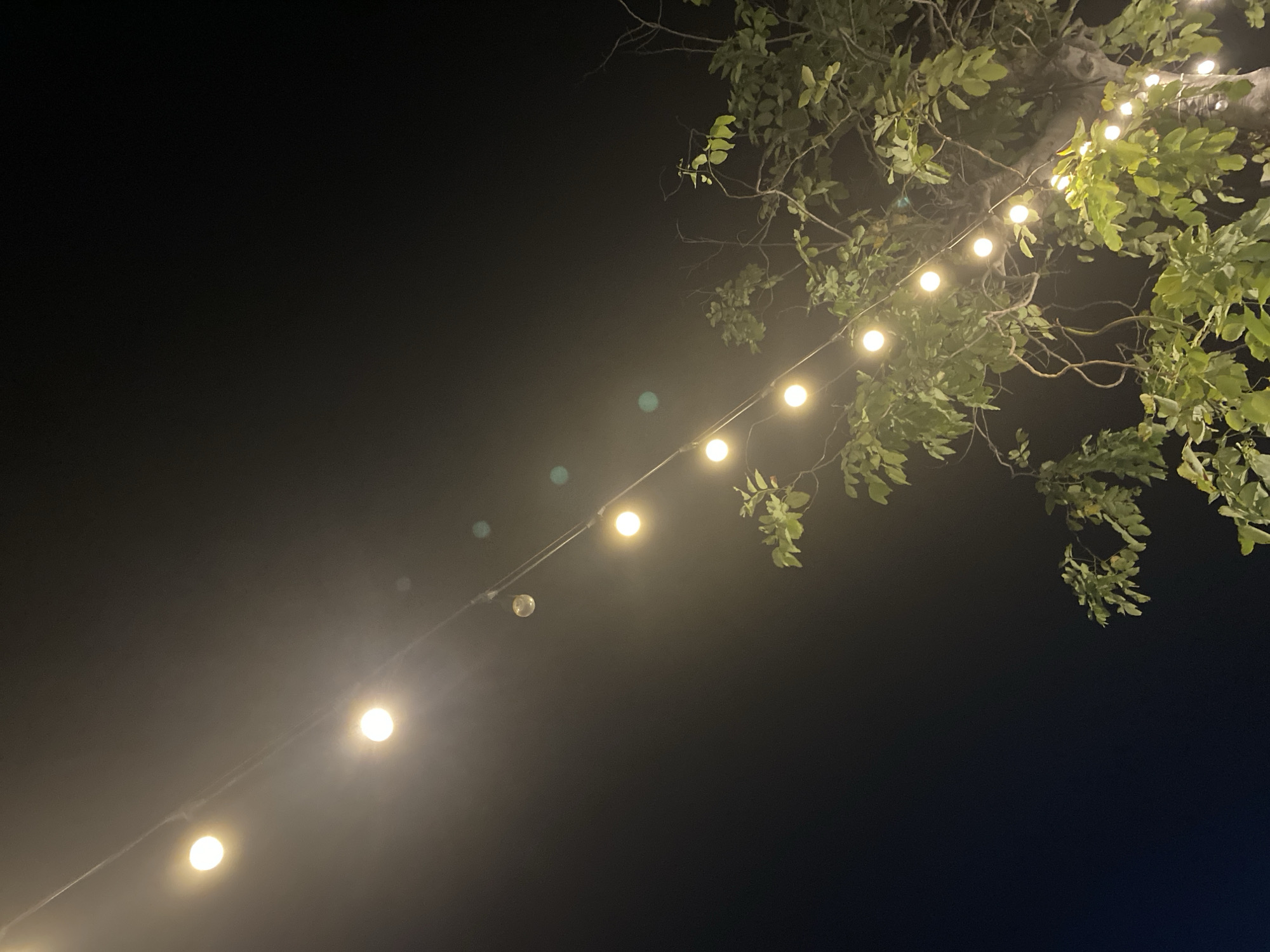 The image shows a night scene in Baan Bang Rak, Thailand. A string of lights stretches diagonally across the frame, with the lights appearing progressively brighter as they approach the bottom left corner of the image. The string is draped amongst the branches and leaves of a tree, visible primarily in the upper right portion of the frame. The background is a dark night sky.