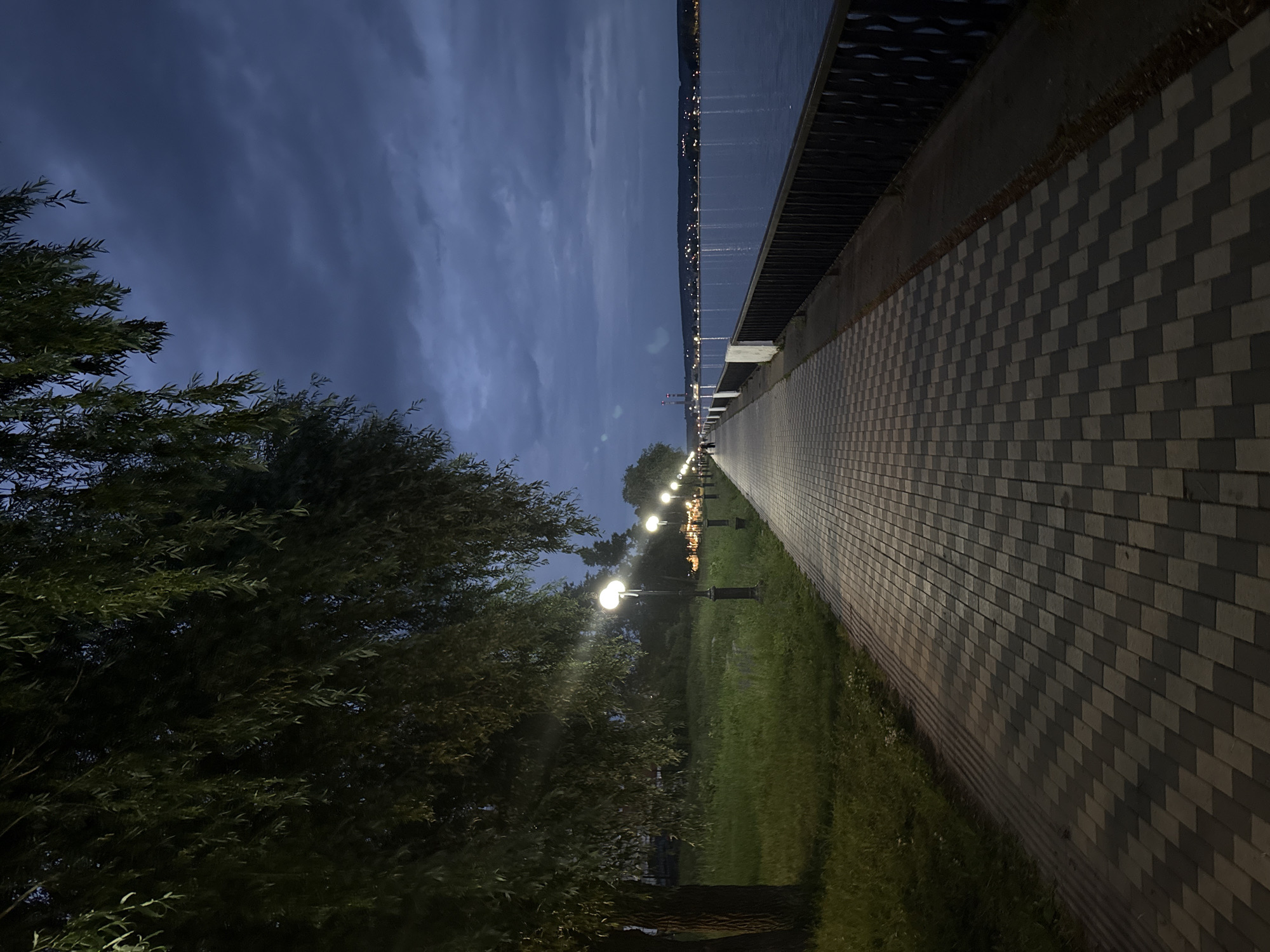 An exterior, eye-level, long shot captures a paved walkway alongside a lake at dusk in Votkinsk, Russia. The sky is overcast with dark, dramatic clouds. To the left, a lush green grassy area is shaded by the drooping branches of a large tree. A line of tall, vintage-style lampposts with glowing white lights illuminate the walkway, which is paved with dark and light grey rectangular stones laid in a patterned fashion. The walkway leads the eye into the distance, where a few faint figures can be seen strolling. A black metal railing runs along the edge of the walkway, separating it from the calm, dark blue water of the lake. Across the lake, the distant shoreline is visible, dotted with lights from a town or city. The overall atmosphere is serene and slightly moody, indicative of twilight in a park or waterfront area.