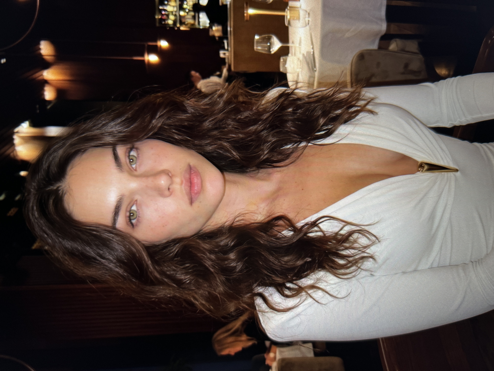A medium shot captures a young woman with wavy, dark brown hair and green eyes. She is wearing a white, plunging neckline top with a gold zipper. Her gaze is directed at the camera. The background suggests a dimly lit restaurant setting with tables set with white tablecloths and wine glasses. In the background, other patrons and restaurant staff are visible, as well as shelving units stocked with bottles.