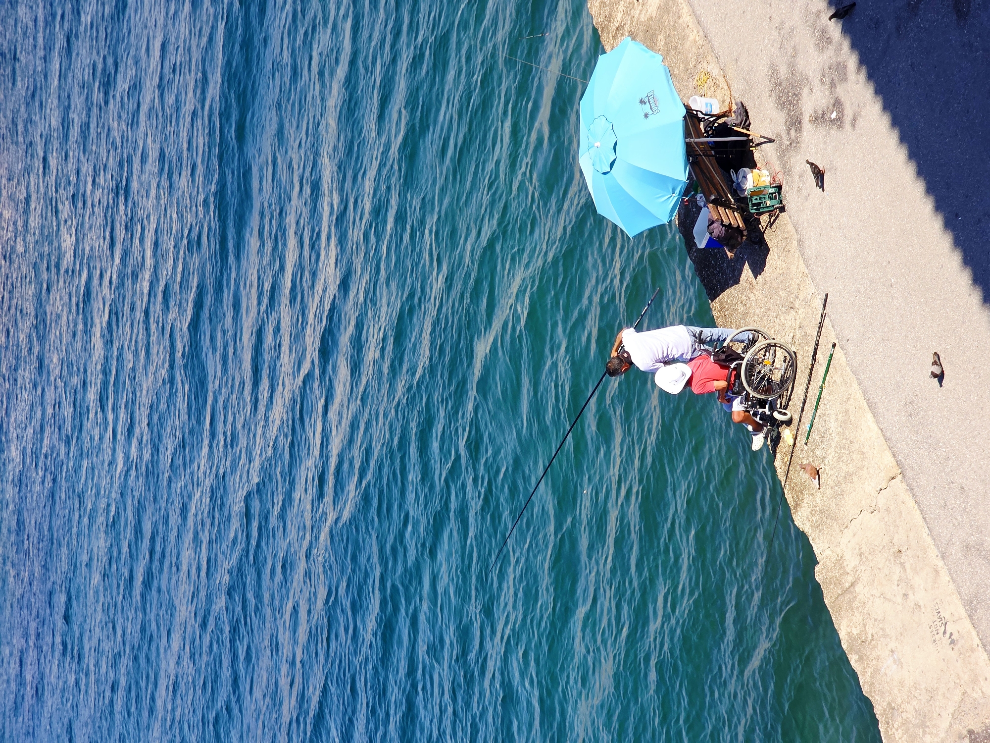 A bright, sunny day is depicted with two individuals fishing by the turquoise waters of the Mediterranean Sea. The scene is likely near the Venetian Harbour of Chania, Greece, known for its promenade and fishing spots.
In the foreground, a person in a wheelchair, wearing a white hat and a red shirt, is positioned near the edge of a concrete walkway, facing the water. Beside them, another individual, dressed in a white t-shirt and blue jeans, stands and holds a fishing rod, seemingly assisting or accompanying the person in the wheelchair. A bright blue umbrella provides shade over a wooden bench where fishing gear, coolers, and bags are placed.
The water is calm with gentle ripples, reflecting the clear blue sky. Two fishing rods are visible in the water, suggesting an active fishing session. The concrete walkway appears weathered and shows some faint markings. Several pigeons are scattered on the walkway, adding a touch of local wildlife to the scene. The overall atmosphere is peaceful and relaxed, capturing a moment of leisure and shared activity by the sea.