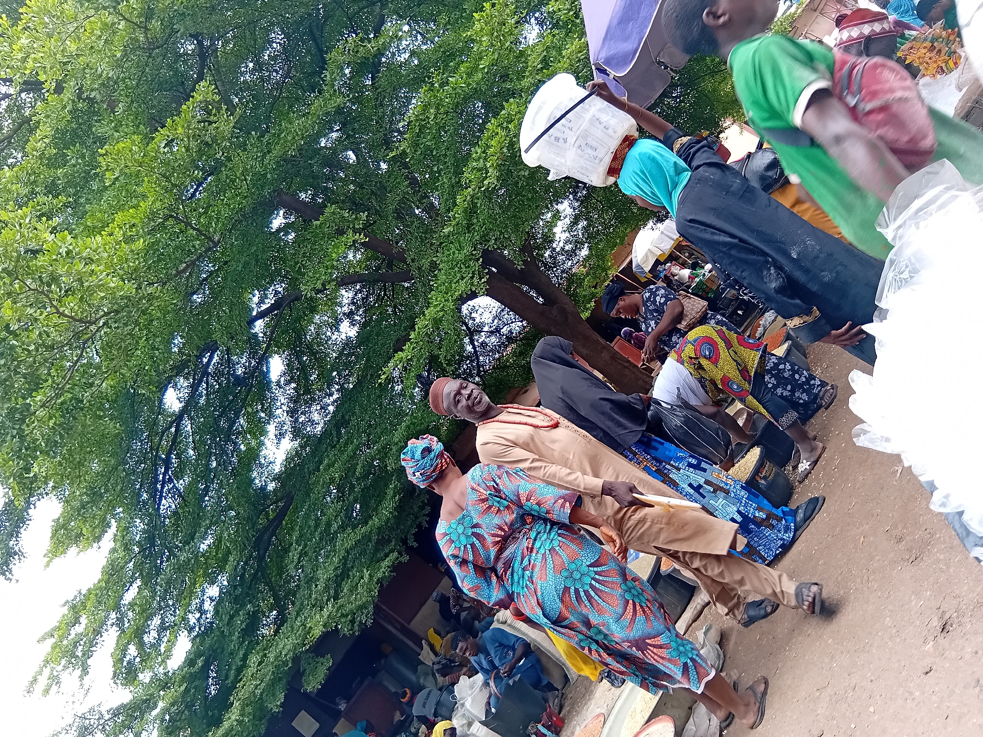 The image depicts a bustling outdoor market scene in Lokoja, Nigeria. A large, leafy tree dominates the upper portion of the frame, casting dappled shadows over the market below. In the foreground, several people are visible.
To the left, a woman in a vibrantly patterned blue, orange, and teal dress and headwrap walks away from the camera, her back turned. Next to her, a man in a tan outfit and a brown cap, adorned with red beads around his neck, smiles at the camera. He holds a white object, possibly a cane or staff, in his right hand. Partially obscured behind him is another person wearing a black garment.
Further back, a woman wearing a light blue headscarf and a black garment balances a white bucket filled with items on her head. She is walking towards the right of the frame, under a purple umbrella. To her right, a person in a green shirt and red pouch is blurred, indicating motion.
Other individuals are visible in the background, some seated, and stalls with various goods are set up. The ground appears to be dirt or sand. The overall atmosphere suggests a lively commercial exchange within a community setting.