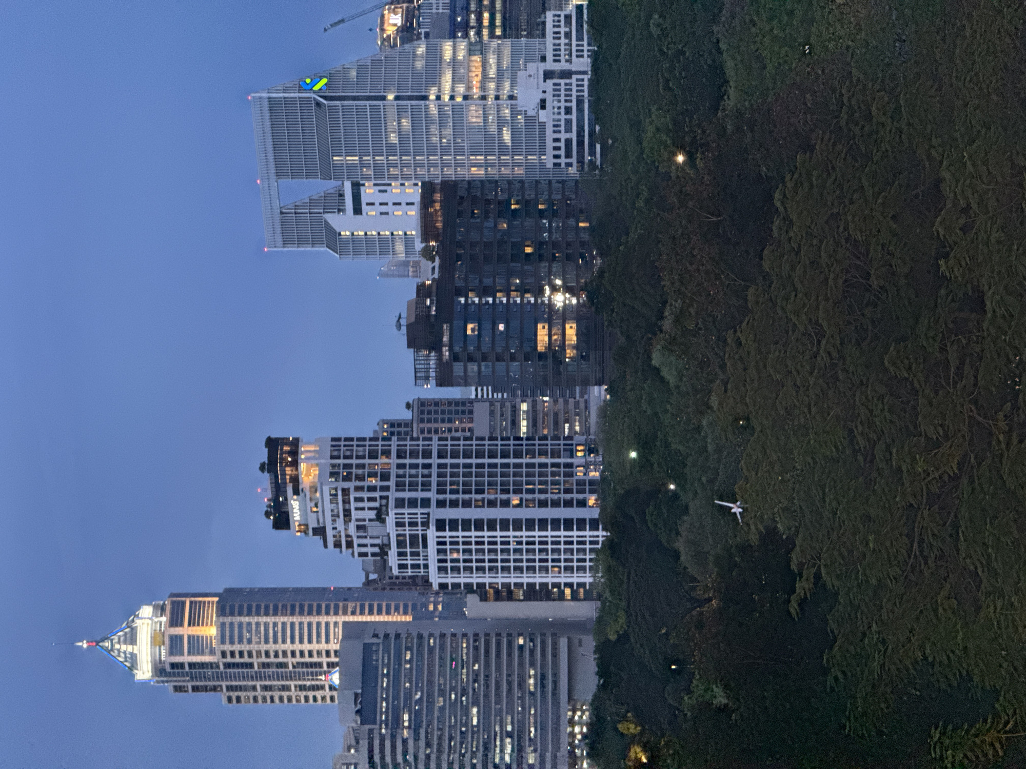 The image depicts a nighttime urban scene in Bangkok, Thailand. Skyscrapers with illuminated windows rise against a dark blue sky. One of the skyscrapers has a distinct, stepped design and a logo with yellow and blue lettering. Dense foliage, presumably trees within a park or green space, occupies the right side of the frame. A small white object resembling a drone or small plane is visible within the trees.
