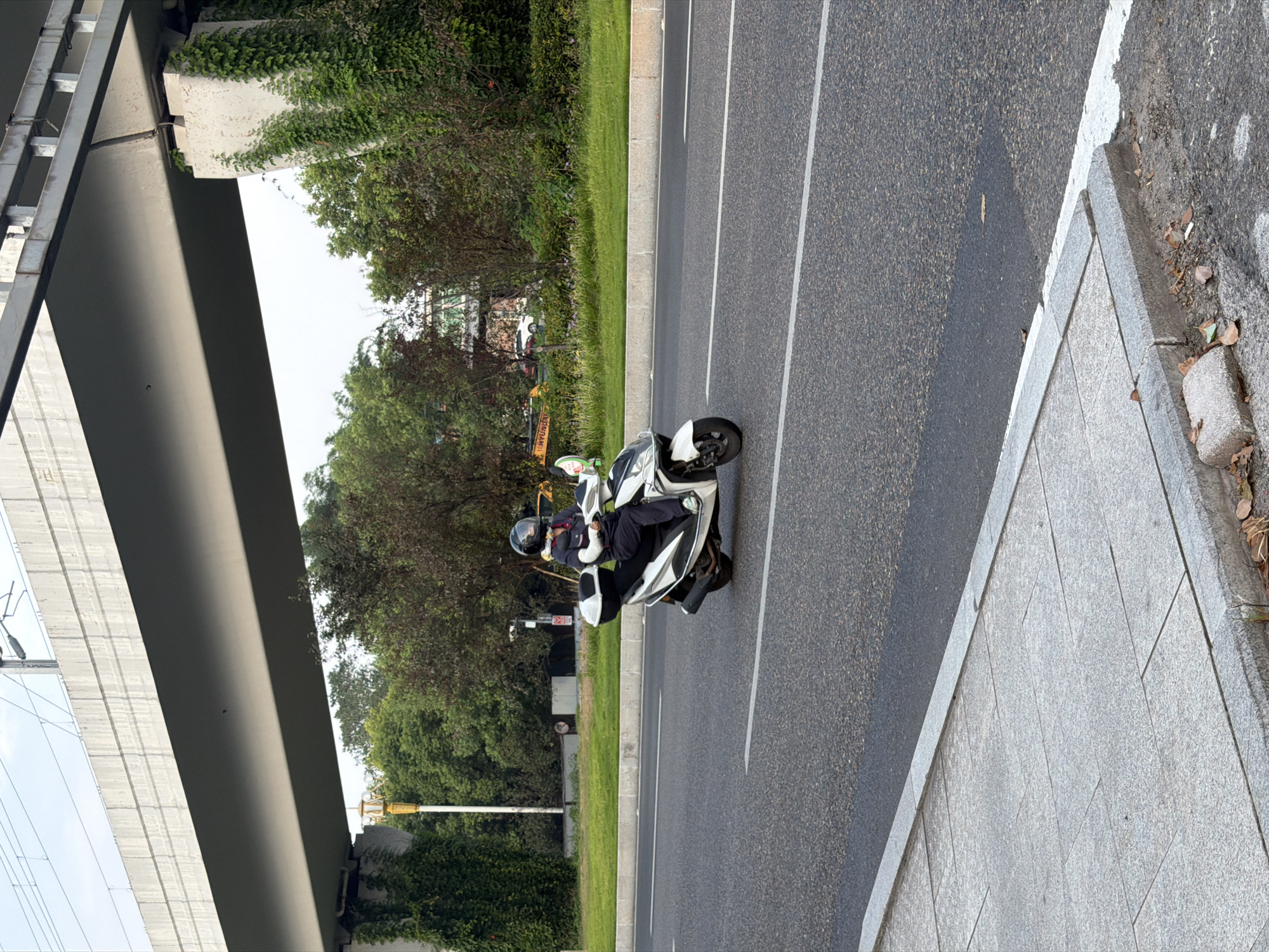 The image depicts a person riding a white and black scooter on a paved road in Jiangjin, China. The rider is wearing a dark uniform and a black helmet. The scooter has a black storage box on the back. The road is divided by white lines, and there is a sidewalk made of grey tiles in the foreground. In the background, there is a large concrete overpass or bridge with vegetation growing on its supports. Trees and foliage are visible on either side of the road. The sky is overcast.