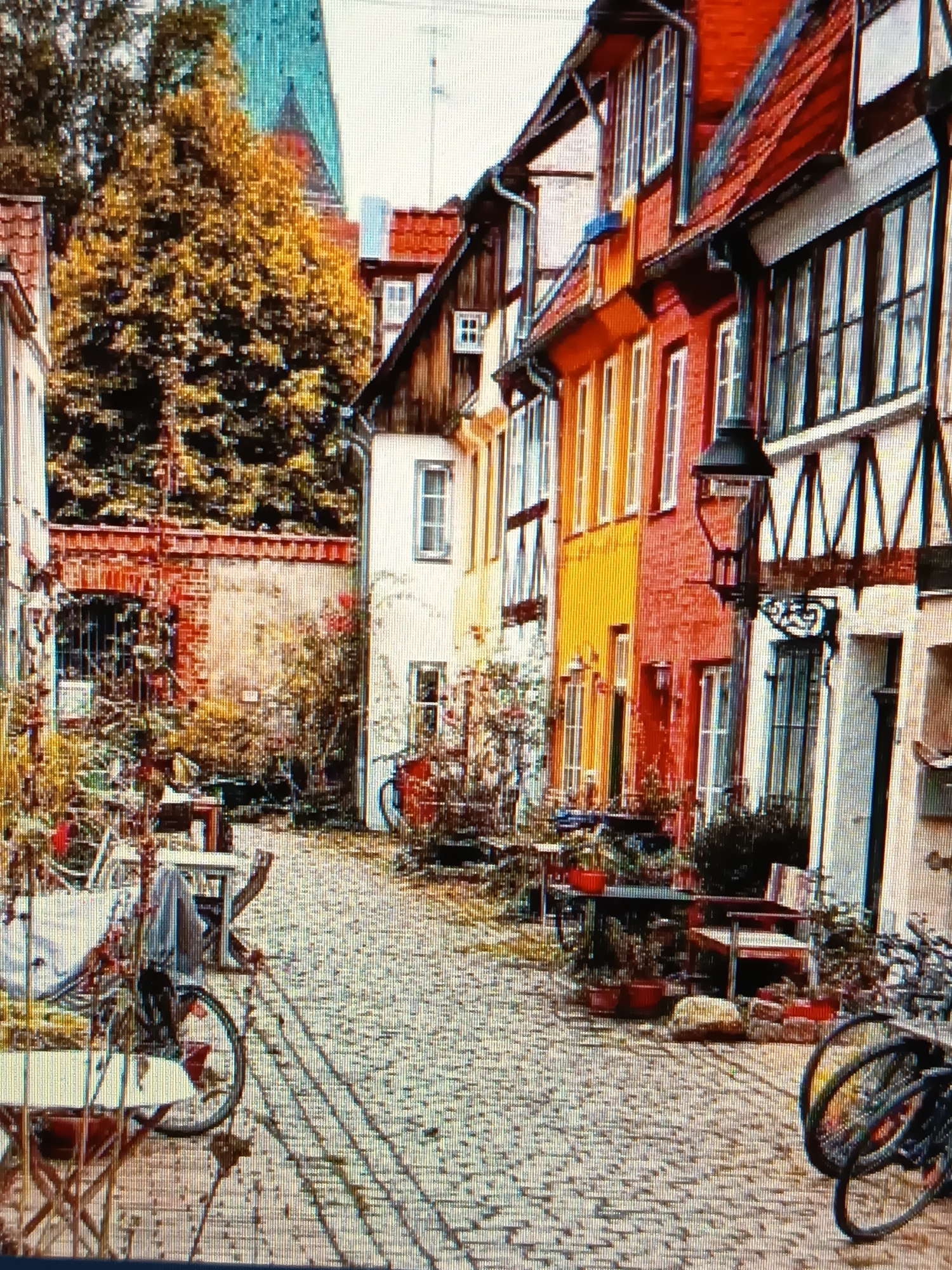 The image depicts a cobblestone street lined with colorful, narrow buildings. The architecture suggests a European city, likely with historical significance. Some buildings are painted in bright hues like yellow and red, while others have exposed timber framing. There are windows with dark frames and shutters. Vegetation, including trees and plants, is visible along the street and in front of some buildings, suggesting a lived-in or garden-like atmosphere. In the foreground, there are bicycles and outdoor furniture, indicating a public space or possibly an area with cafes or residences. A lamppost stands near one of the buildings. The overall impression is of a quaint, European street scene. The location in Serhiivka, Ukraine is not identifiable from the visual information alone.