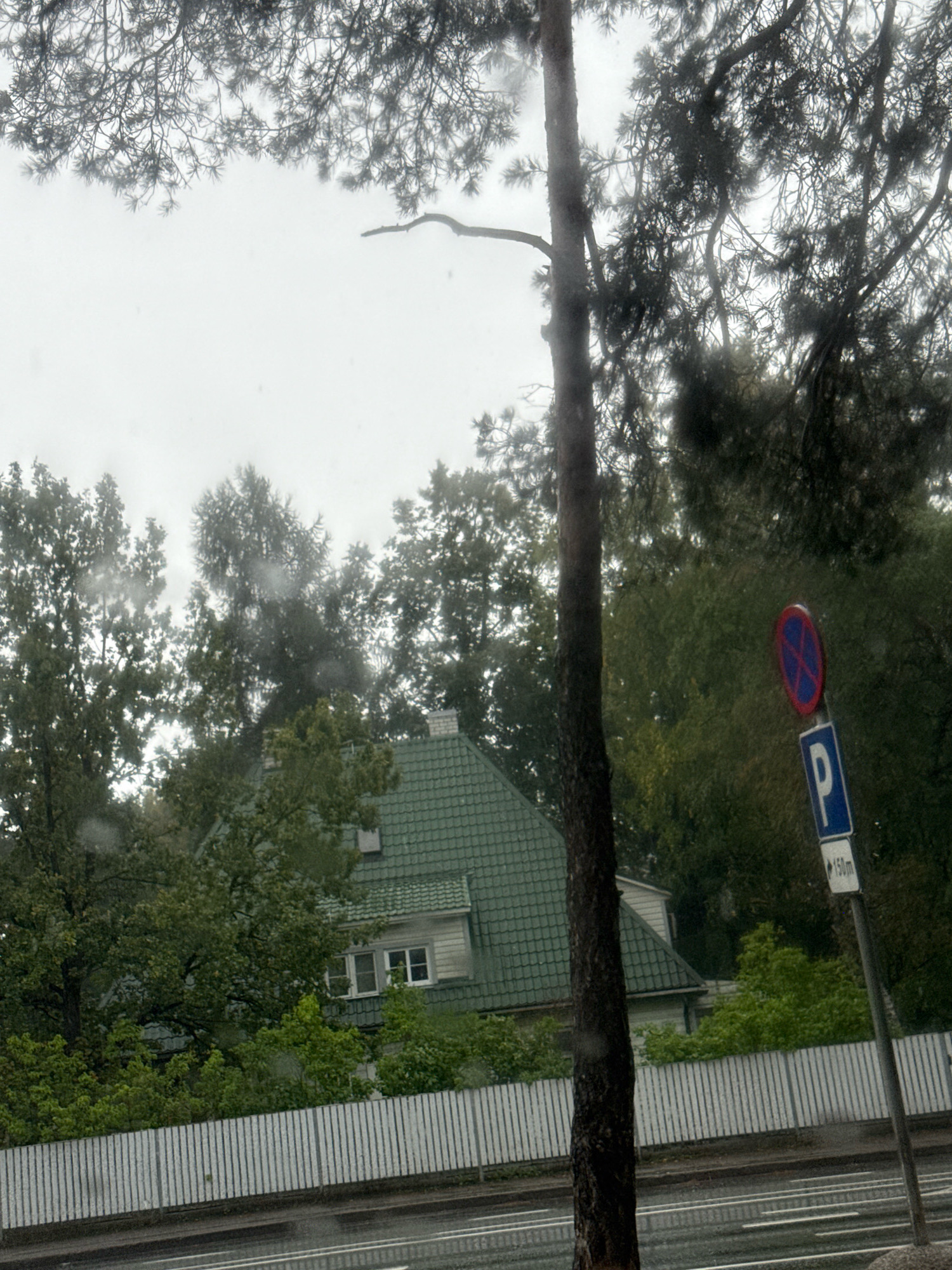 The image captures a view from a vehicle, likely during rainfall, as evidenced by water droplets on the windshield. The scene depicts a residential area in Tallinn, Estonia. In the foreground, a tall, dark tree trunk stands prominently on the left side of the frame, with its branches extending across the upper portion of the image.
Behind the tree, a two-story house with a green tiled roof is visible. The house features several windows, some with white frames, and a brick chimney on the right side of the roof. A white picket fence runs horizontally across the middle ground of the image, separating the property from a wet asphalt road.
To the right of the tree, a traffic signpost is present. The upper part of the sign is a circular blue sign with a red border and a red diagonal cross, indicating no parking or stopping. Below it, a rectangular blue sign with a white 'P' signifies parking. A smaller white sign with black text, partially visible as "150m," is mounted below the parking sign, likely indicating the distance to the parking area.
The background is filled with lush green trees, suggesting a park or wooded area surrounding the residential property. The sky is overcast and appears pale, contributing to the muted tones of the scene. The overall impression is one of a quiet, rainy day in a suburban or residential part of Tallinn.