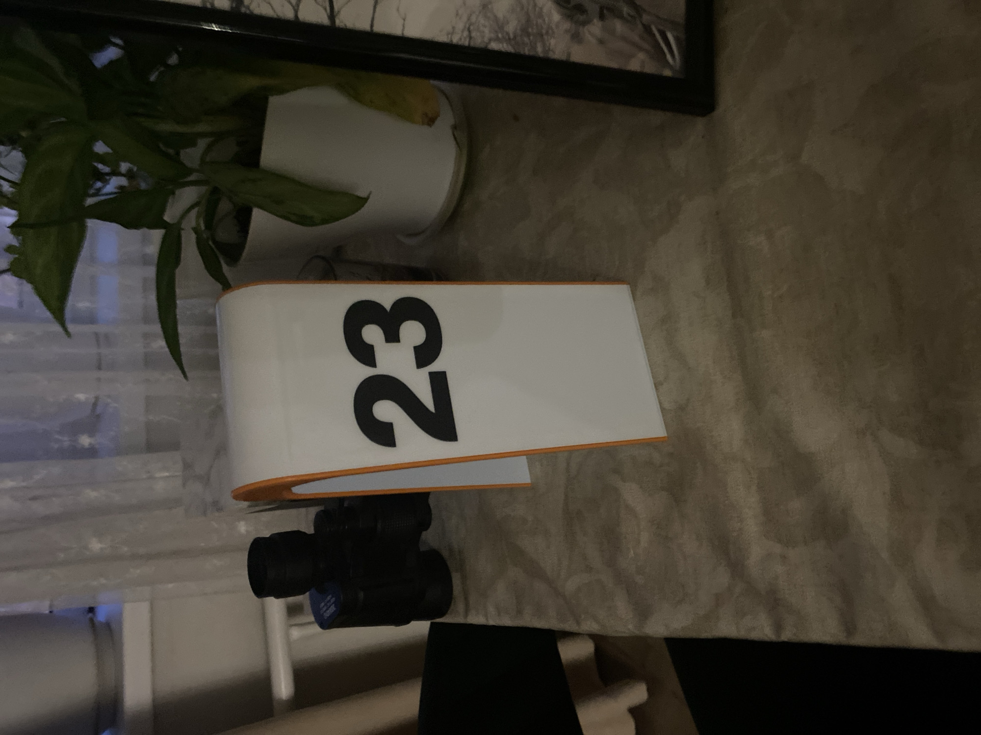A black-framed photograph is visible on the right side of the image. In the center is a white table number stand with an orange border, displaying the number "23" in black. To the left of the table number are a pair of black binoculars. Behind the table number, a green potted plant is situated on a shelf. The scene is set on a table covered with a patterned cloth. The background shows a window with sheer curtains. The image appears to be taken indoors, possibly in a residential setting, with no discernable features linking it specifically to Tolyatti, Russia.
