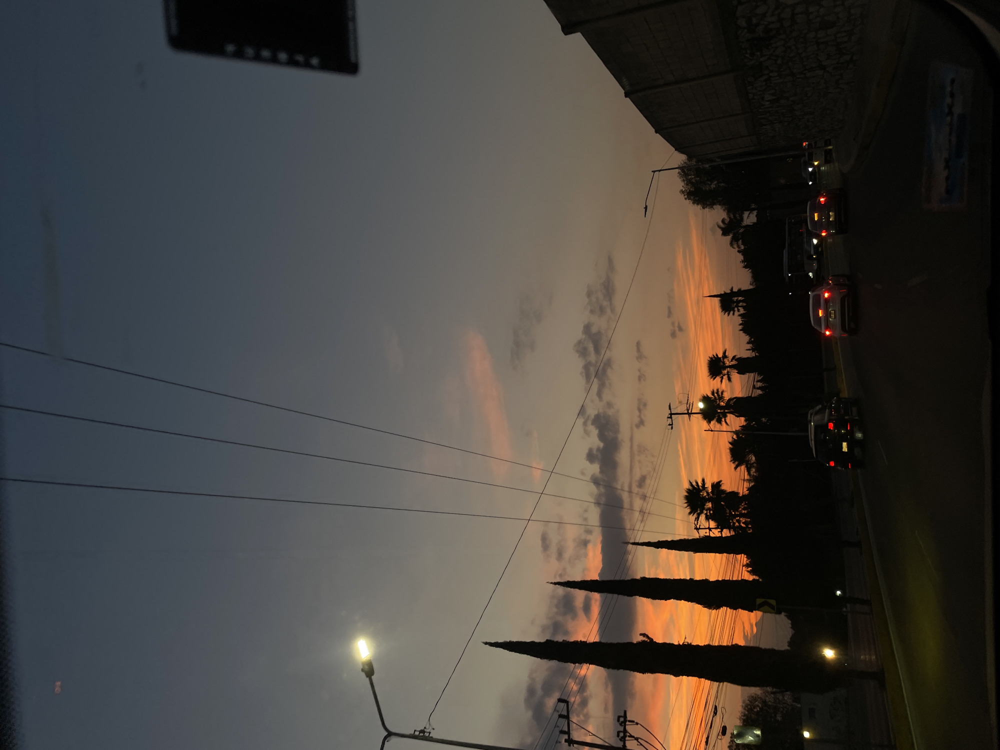 The image depicts a street in Puebla, Mexico, at dusk. The sky transitions from dark blue to orange near the horizon. Silhouetted trees and palm trees line the street. Power lines stretch across the sky. Streetlights illuminate the road. Cars with illuminated taillights are visible on the road. A building or wall is visible on the right side of the image. The photo appears to be taken from inside a vehicle, capturing part of the vehicle's interior in the frame.