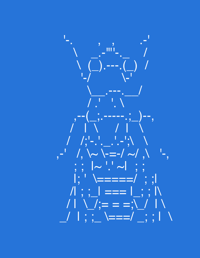 The image is a white ASCII art representation of an insect, possibly a beetle or similar creature, against a solid blue background. The insect has a head with antennae, a thorax, and an abdomen, all formed using characters like forward slashes, backslashes, hyphens, equal signs, and various punctuation marks.