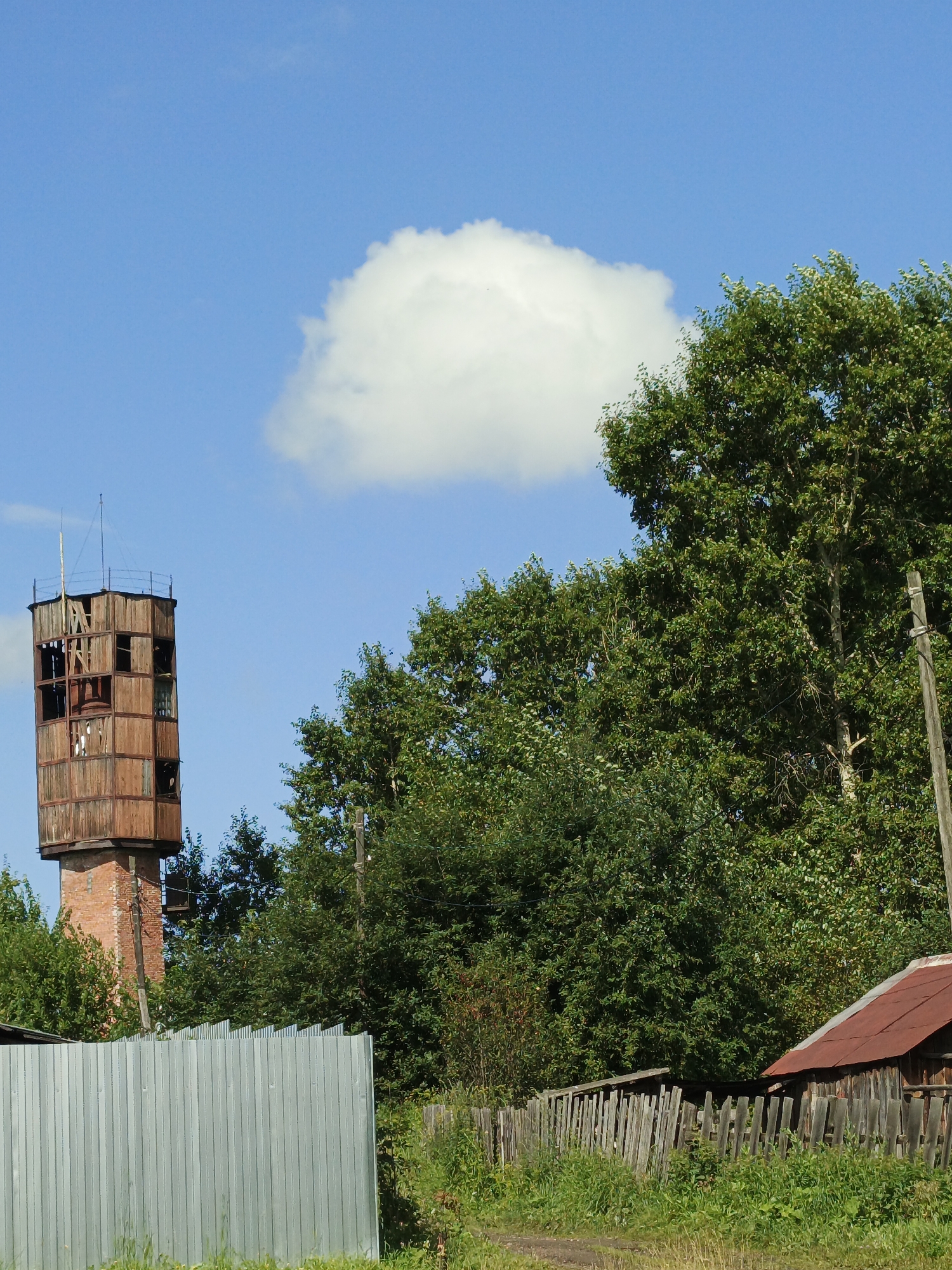 This is a photograph taken in the city of Medvedyovka, Russia. The scene depicts a rural or semi-rural environment.
Dominating the left side of the frame is a tall, brick and wooden water tower. The brick base is visible, supporting a square wooden structure with large, open window-like openings. The wood appears weathered and in disrepair, with some structural elements missing. A thin antenna or pole extends from the top of the tower.
To the right of the water tower, dense green foliage of trees fills a significant portion of the image. The leaves are vibrant and lush, suggesting a warm season. In the background, a large, fluffy white cloud is set against a clear blue sky.
In the foreground, a corrugated metal fence runs horizontally across the lower left portion of the image. To the right of this fence, a weathered wooden fence, constructed from vertical planks, stretches into the mid-ground. Behind the wooden fence, a small, rustic wooden structure with a red, corrugated metal roof is partially visible. The ground appears to be a dirt path or road, with dry grass and green vegetation growing along its edges. A wooden utility pole stands near the right edge of the image, amidst the trees.