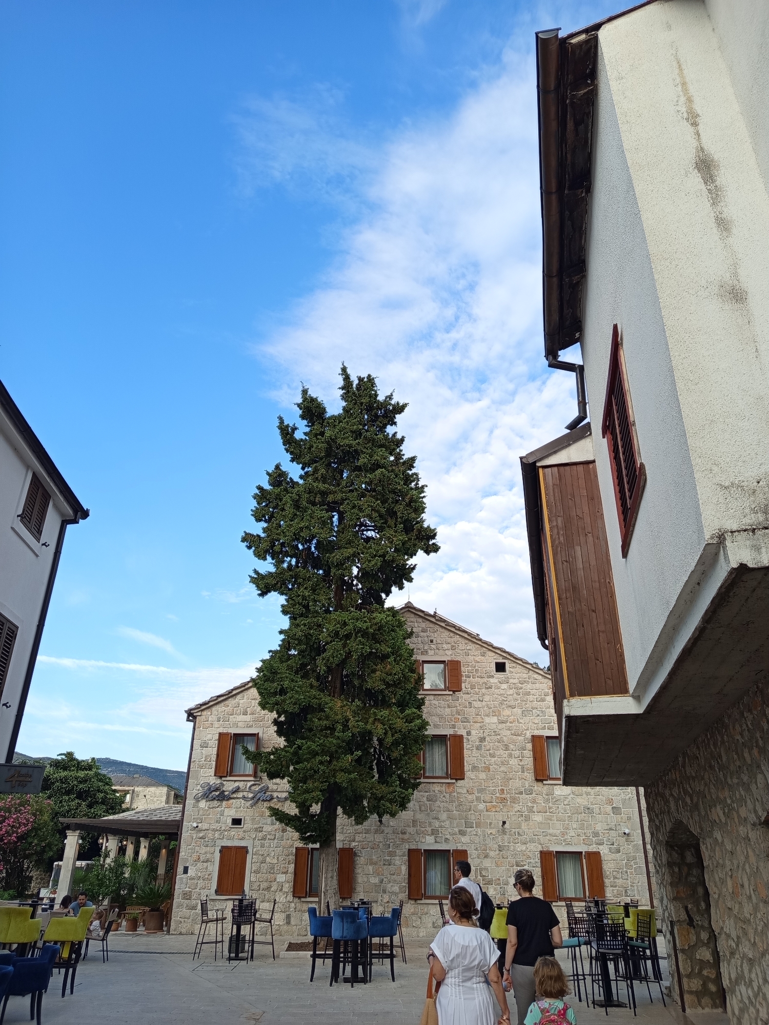 The image depicts an outdoor seating area of a hotel in Trebinje, Bosnia and Herzegovina, possibly Hotel SL Panoramik, as a sign with similar lettering is visible. The scene is set on a stone-paved plaza surrounded by buildings constructed from stone. The sky is a clear blue with scattered white clouds.
In the foreground, to the left, are several tables and chairs, some with bright green upholstery and others with dark blue. To the right, more tables and chairs, including high-top tables with bar stools, are arranged. A tall, mature cypress tree stands prominently in the middle ground, its dense green foliage contrasting with the light stone of the buildings.
Behind the tree, a two-story stone building, likely the hotel, features numerous windows with brown wooden shutters. A sign above the entrance reads "Hotel SL". To the right of this building, a portion of another building is visible, with a white stucco exterior and a prominent dark brown wooden structure extending from its facade. A window with red shutters is also visible on this building.
In the middle ground, several people are walking away from the camera. A woman in a white dress and a woman in a black t-shirt are prominent, followed by a young child. Two men are also visible, one in a white shirt and the other in a black shirt.
Further in the background, more buildings and greenery are visible, with a hint of hills in the distance, suggesting the mountainous terrain surrounding Trebinje. The overall impression is that of a pleasant, sunny day in a European town square, with the hotel serving as a central point for outdoor dining and relaxation.