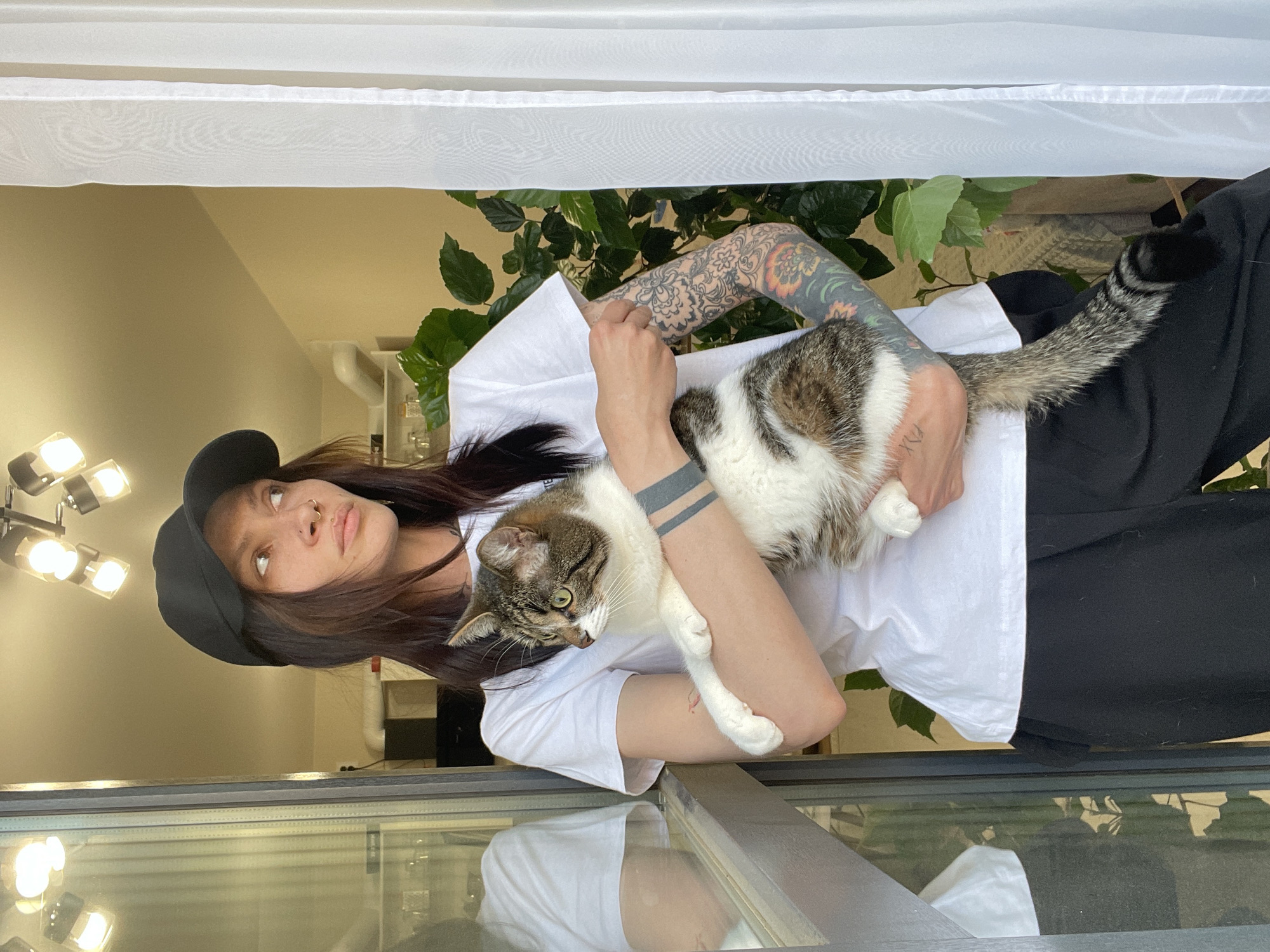 A person with tanned skin, long dark hair, a black hat, and visible arm tattoos is holding a cat. The person is wearing a white t-shirt and black pants. The cat is light-colored with brown and gray markings and a striped tail. The background includes a white curtain, green plants, a light fixture, and a glass surface that reflects the scene. The location appears to be indoors, possibly near a window or balcony. The context of the location in the city of Pervomaysky, Russia cannot be determined from the given image.