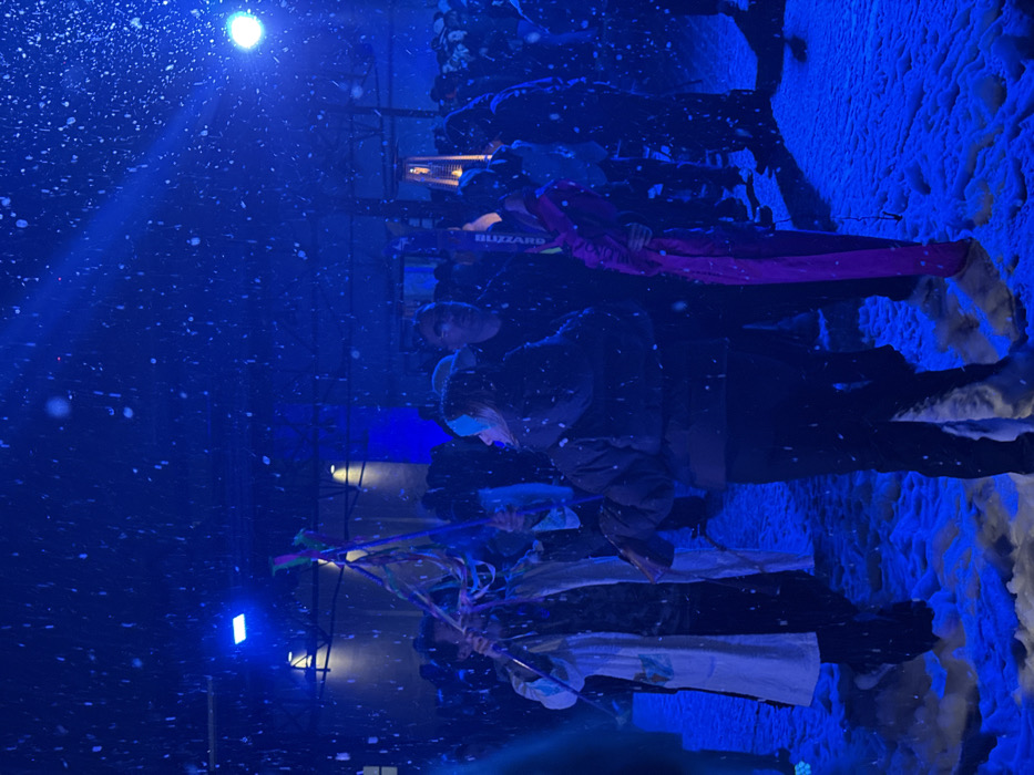 Under a blue-lit, snow-filled sky, a group of people are seen. Several individuals hold up skis. A woman is wearing a blue head covering. In the background, "Blizzard" is printed on what appears to be a folded-up sled. White snow is visible on the side of the picture.